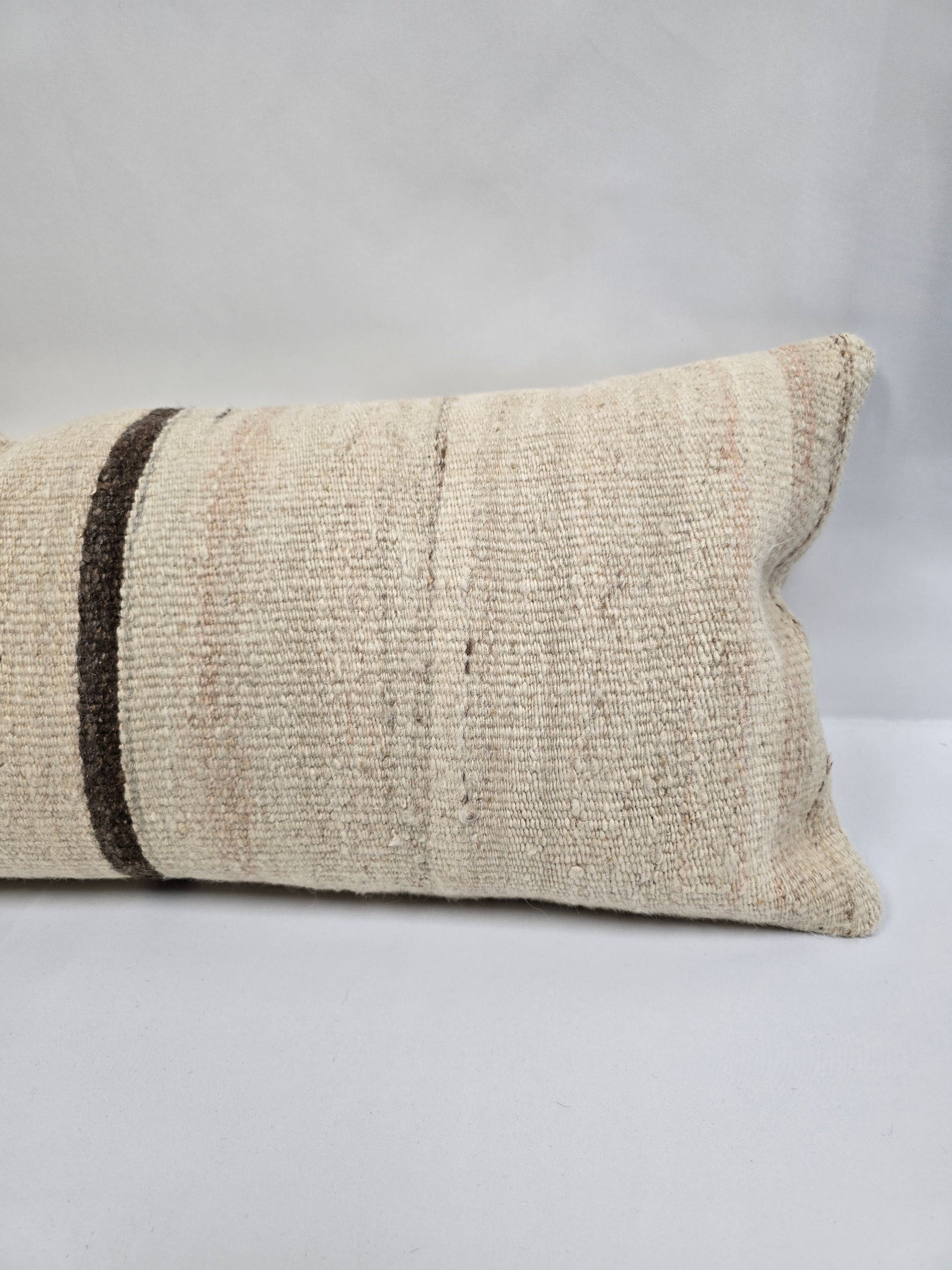 Turkish Lumbar Rug Pillow Beige Brown Cushion Cover Hemp Pillow 14" x 40" #9394-2