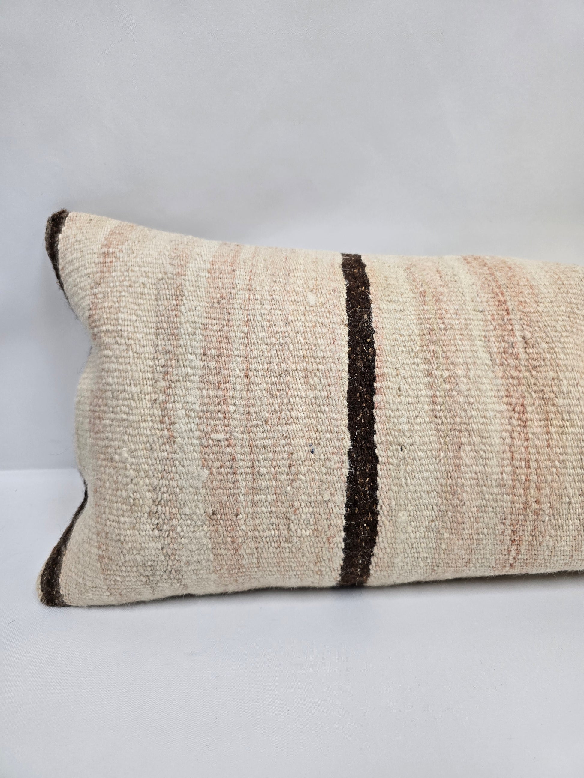 Turkish Lumbar Rug Pillow Beige Brown Cushion Cover Hemp Pillow 14" x 40" #9394-2