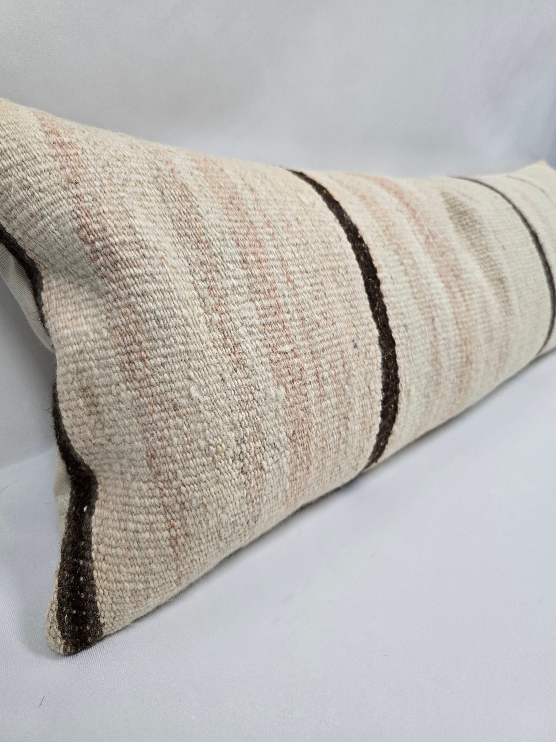 Turkish Lumbar Rug Pillow Beige Brown Cushion Cover Hemp Pillow 14" x 40" #9394-2