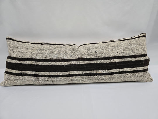 Turkish Lumbar Rug Pillow Beige Black Cushion Cover Hemp Pillow 14" x 40" #9422