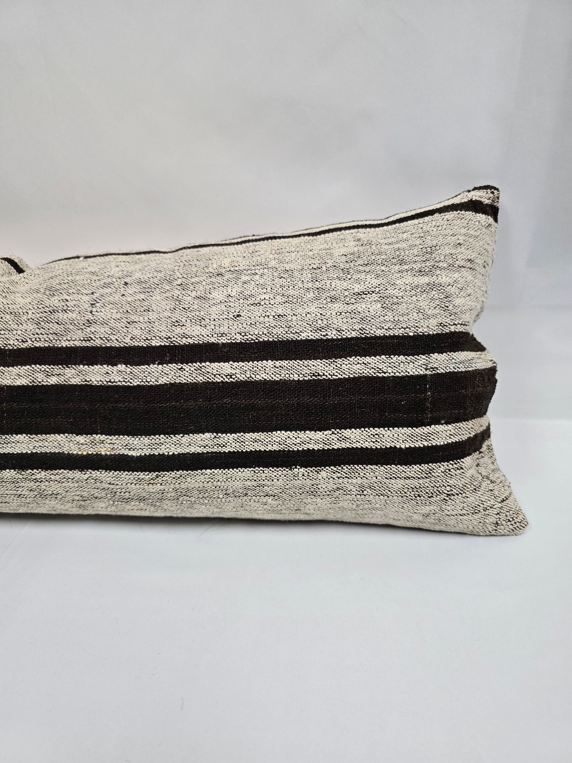 Turkish Lumbar Rug Pillow Beige Black Cushion Cover Hemp Pillow 14" x 40" #9422