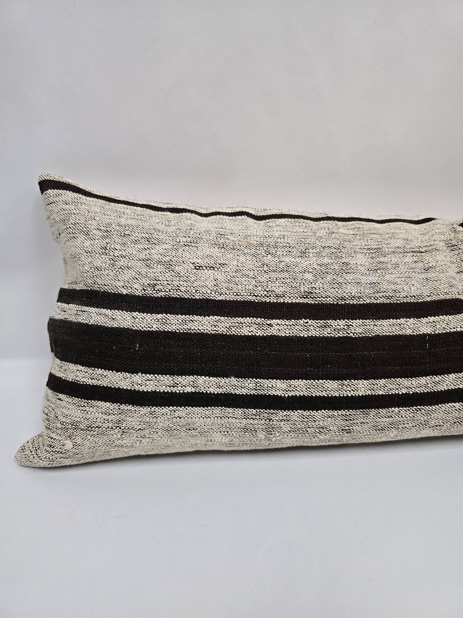 Turkish Lumbar Rug Pillow Beige Black Cushion Cover Hemp Pillow 14" x 40" #9422