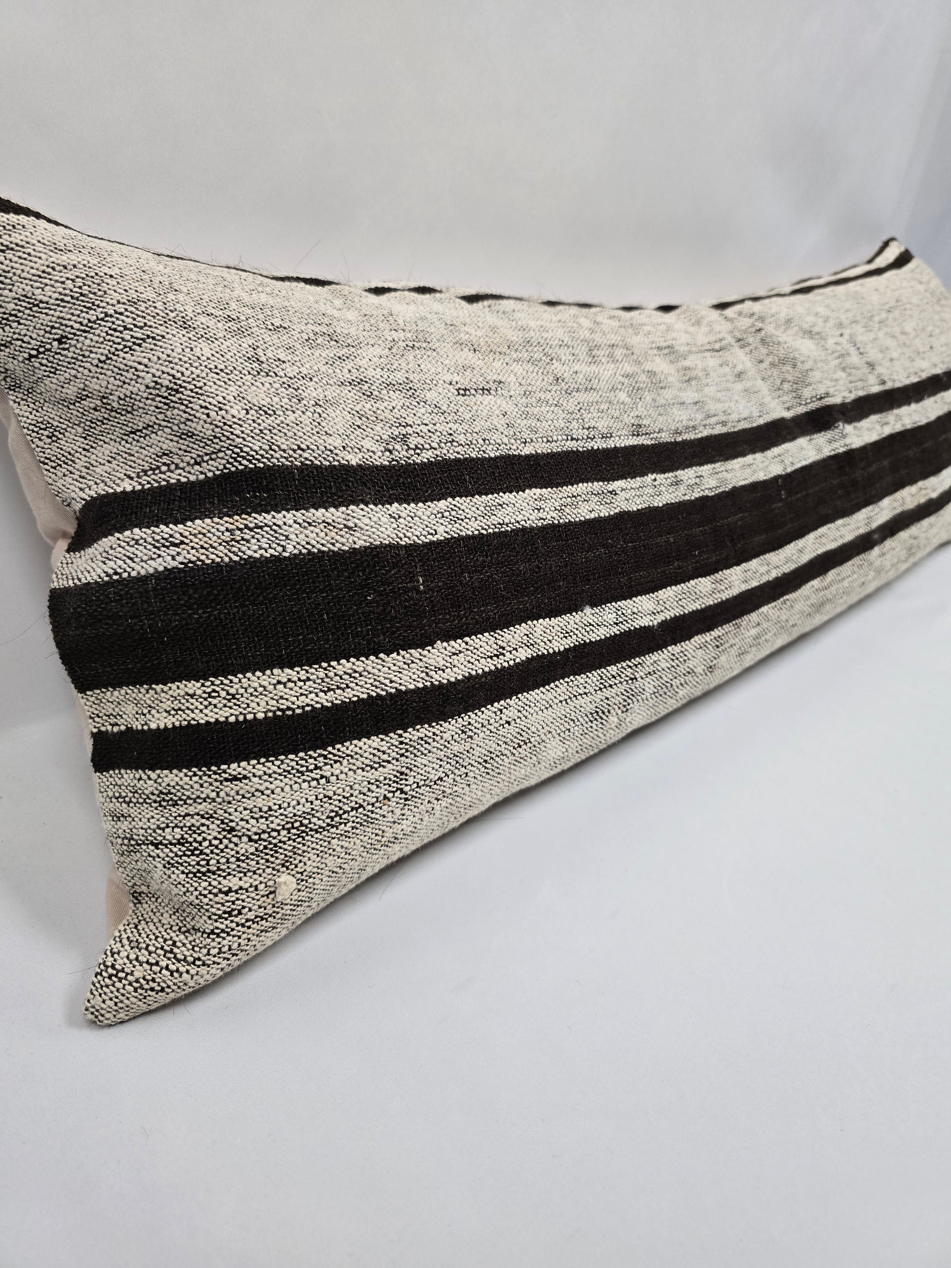 Turkish Lumbar Rug Pillow Beige Black Cushion Cover Hemp Pillow 14" x 40" #9422