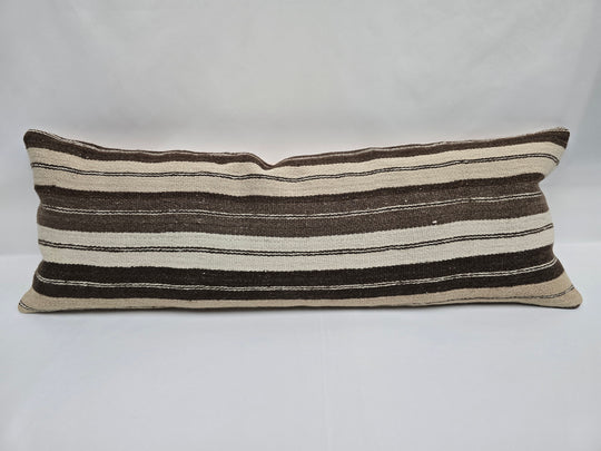 Turkish Lumbar Rug Pillow Beige Brown Cushion Cover Hemp Pillow 14" x 40" #9421