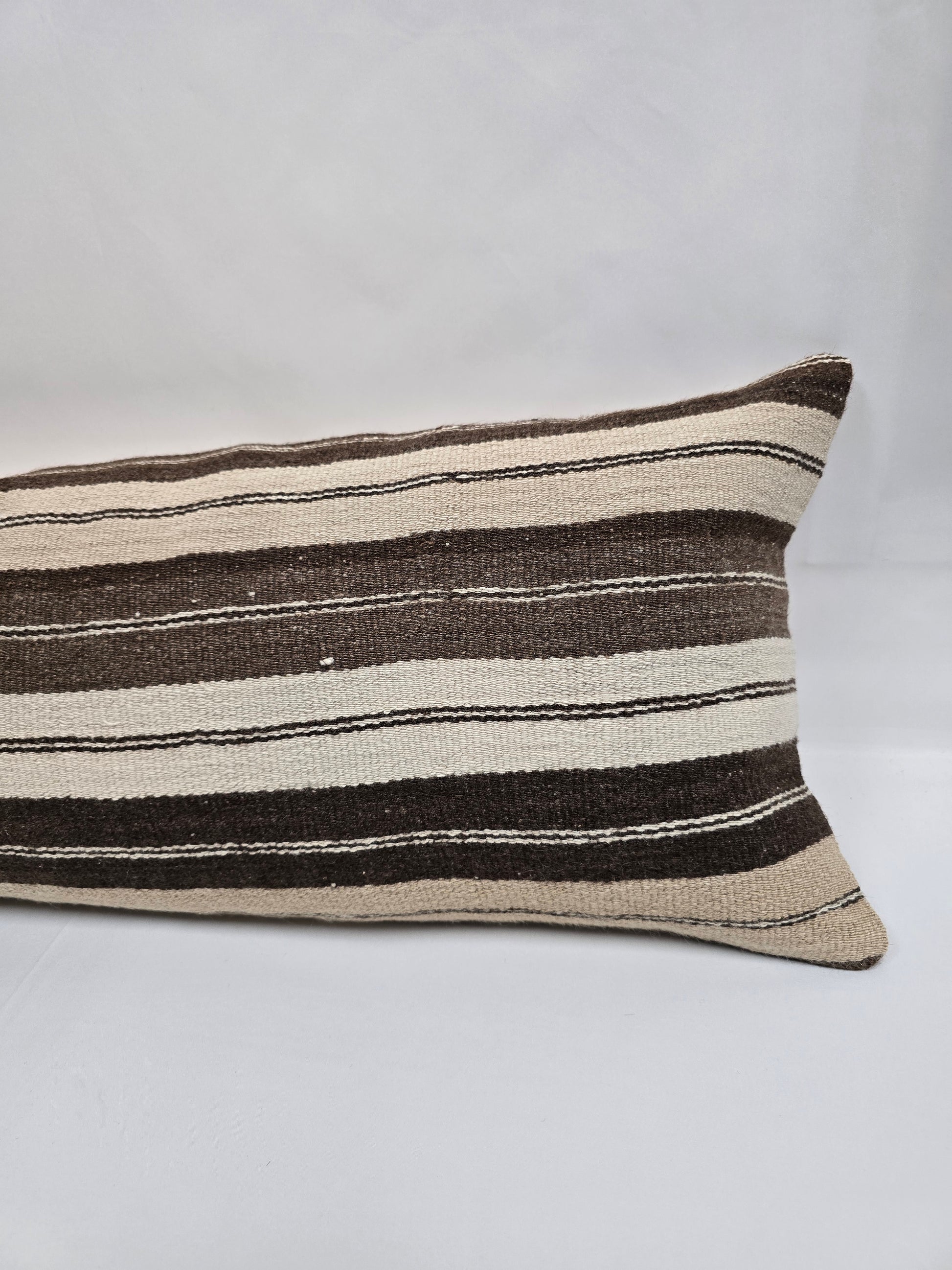 Turkish Lumbar Rug Pillow Beige Brown Cushion Cover Hemp Pillow 14" x 40" #9421