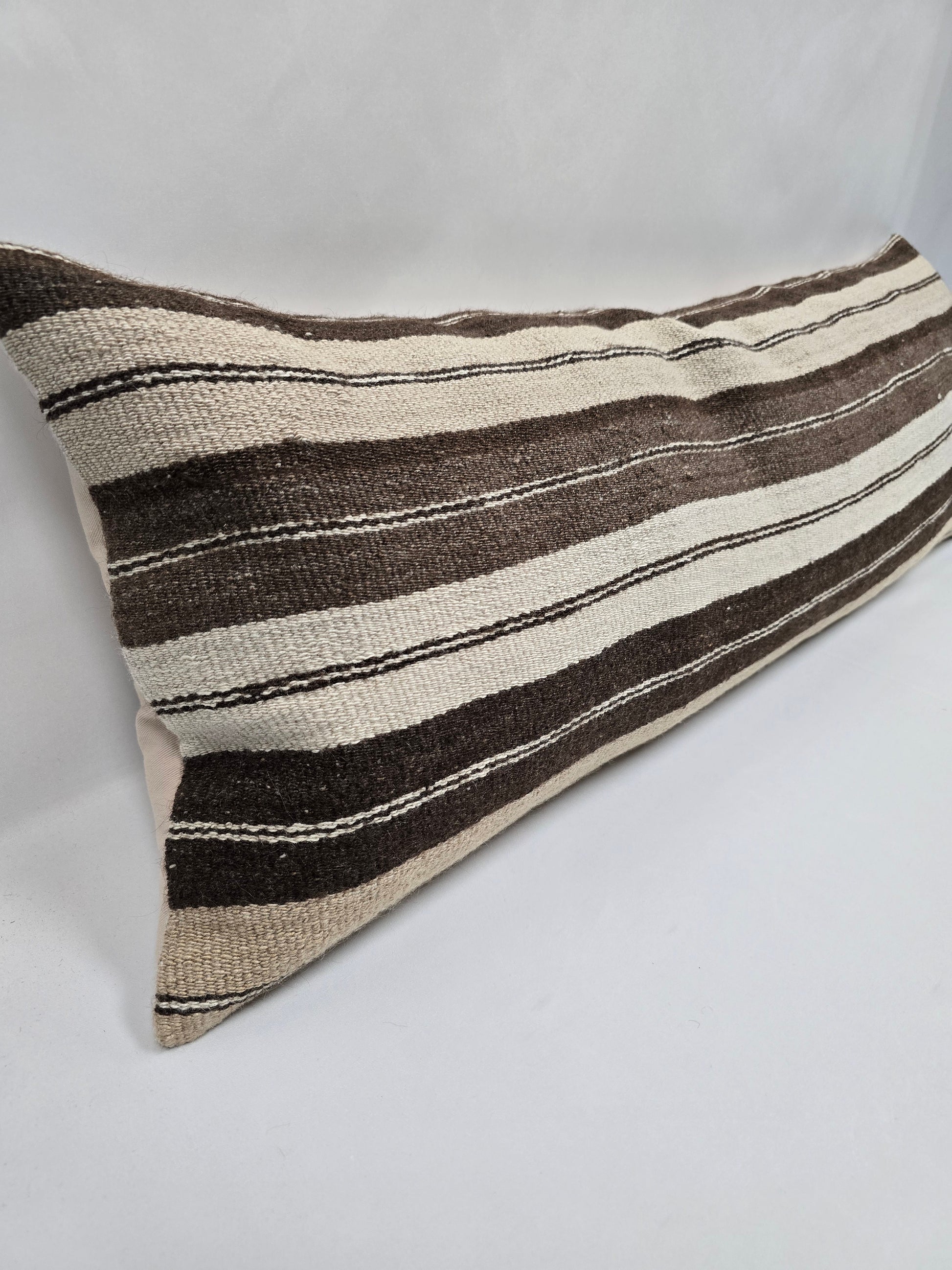 Turkish Lumbar Rug Pillow Beige Brown Cushion Cover Hemp Pillow 14" x 40" #9421