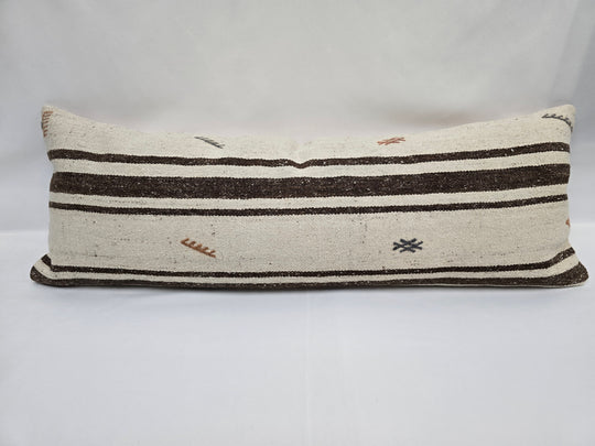 Turkish Lumbar Rug Pillow Beige Brown Blue Cushion Cover Hemp Pillow 14" x 40" #9418