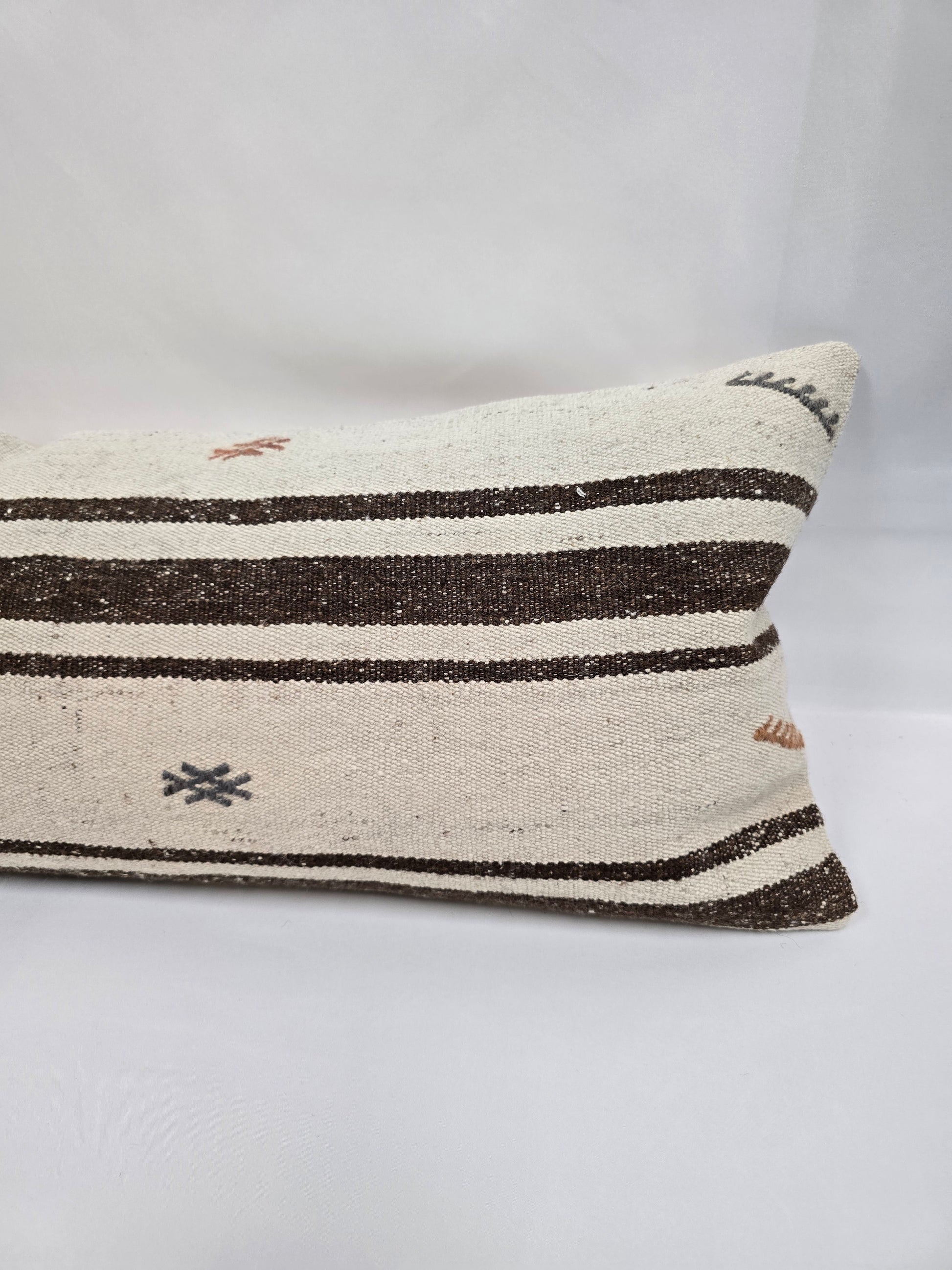 Turkish Lumbar Rug Pillow Beige Brown Blue Cushion Cover Hemp Pillow 14" x 40" #9418