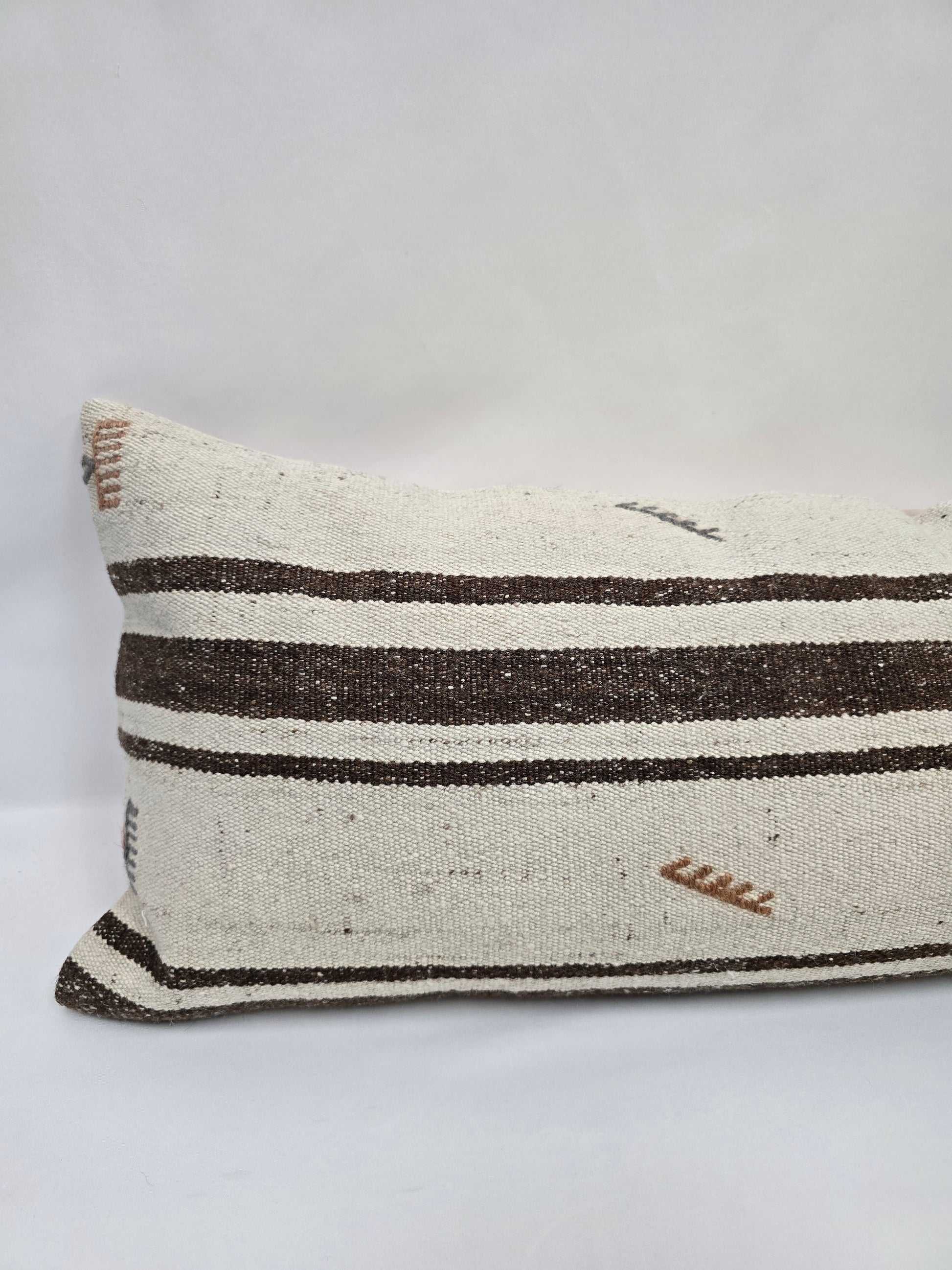 Turkish Lumbar Rug Pillow Beige Brown Blue Cushion Cover Hemp Pillow 14" x 40" #9418