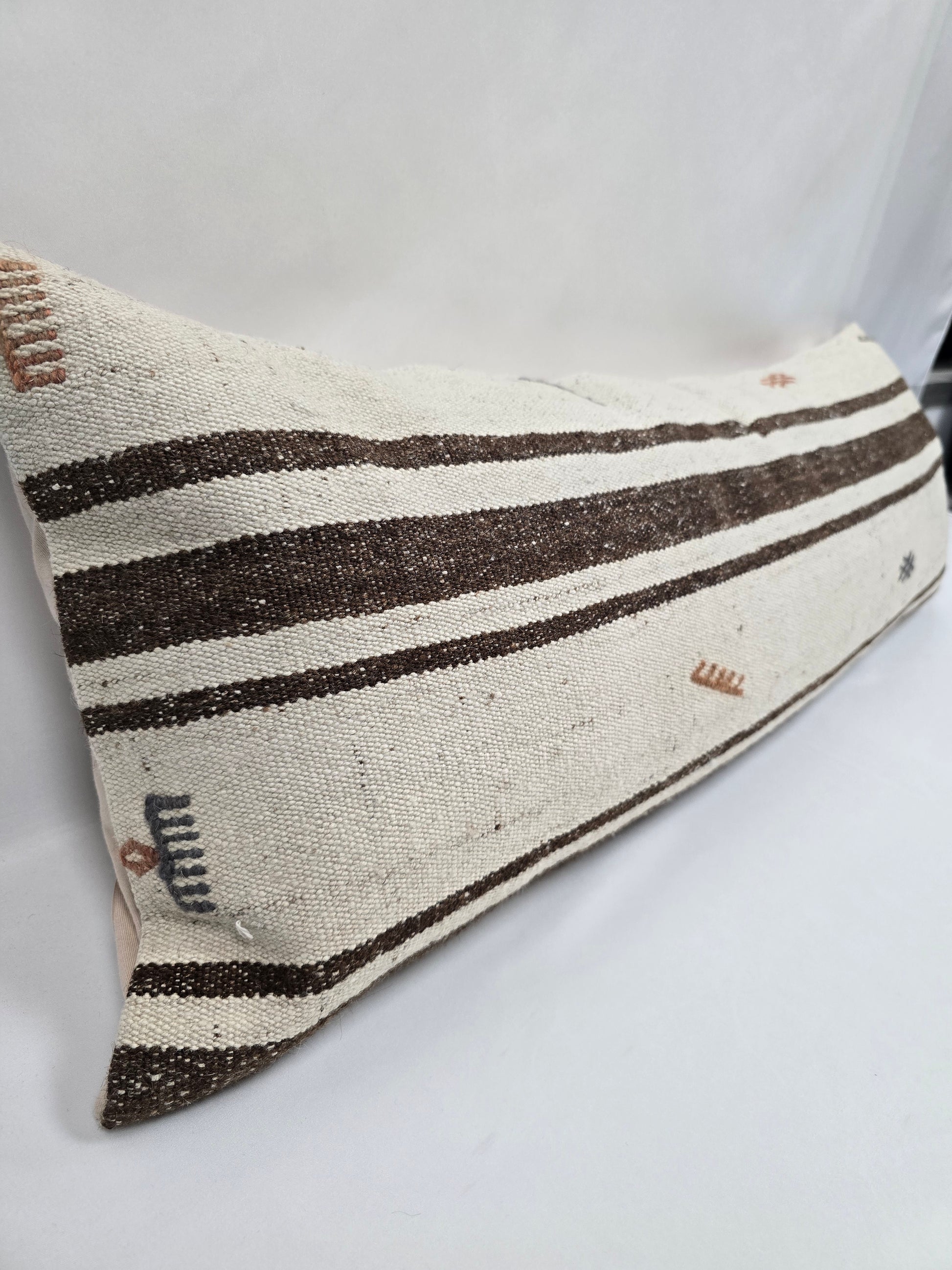 Turkish Lumbar Rug Pillow Beige Brown Blue Cushion Cover Hemp Pillow 14" x 40" #9418