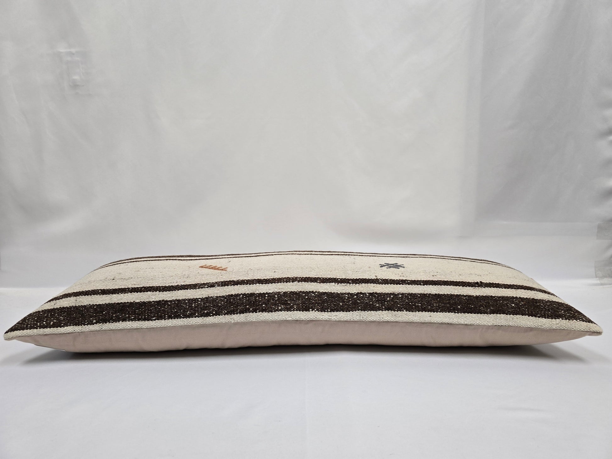 Turkish Lumbar Rug Pillow Beige Brown Blue Cushion Cover Hemp Pillow 14" x 40" #9418