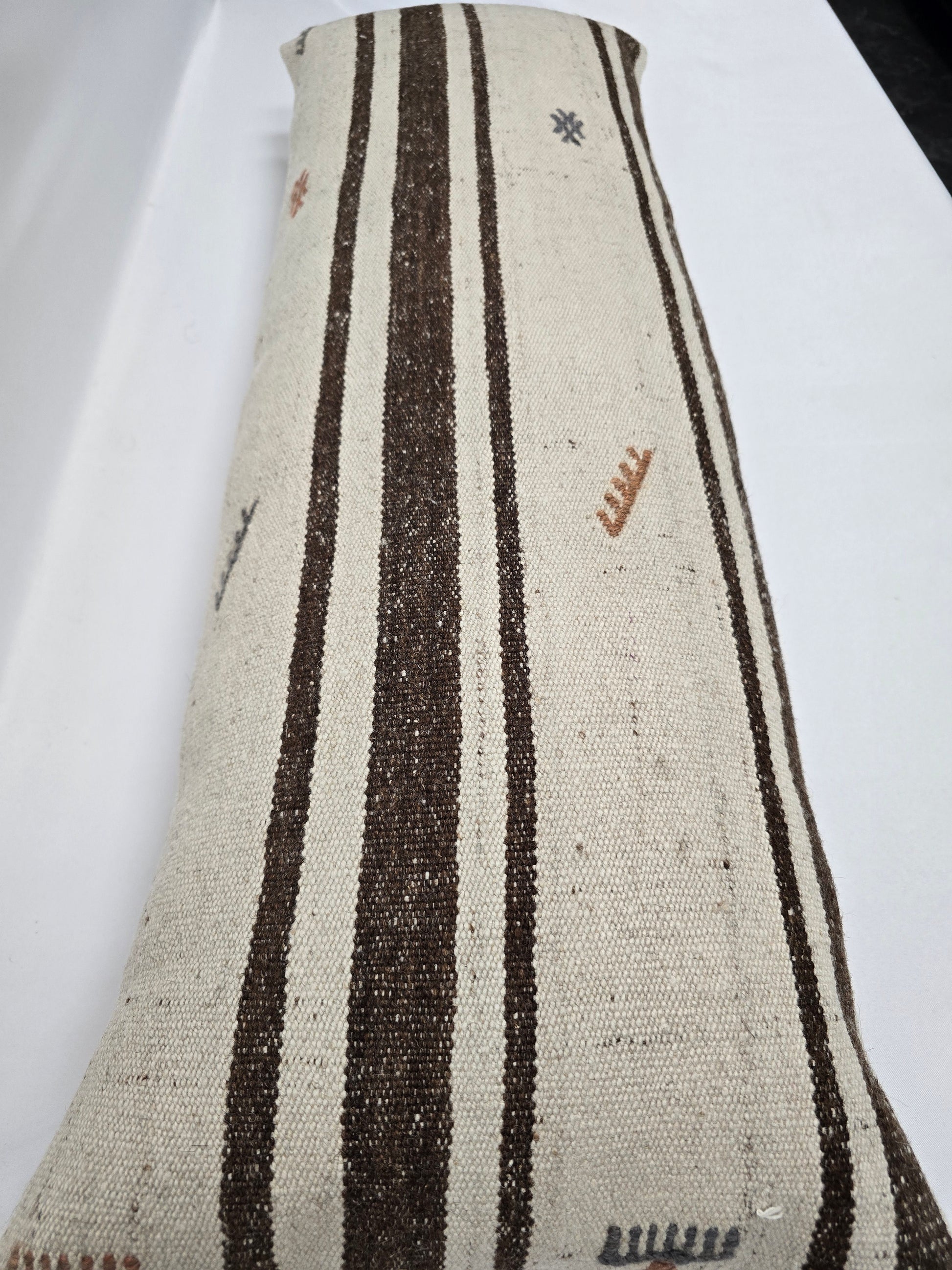 Turkish Lumbar Rug Pillow Beige Brown Blue Cushion Cover Hemp Pillow 14" x 40" #9418