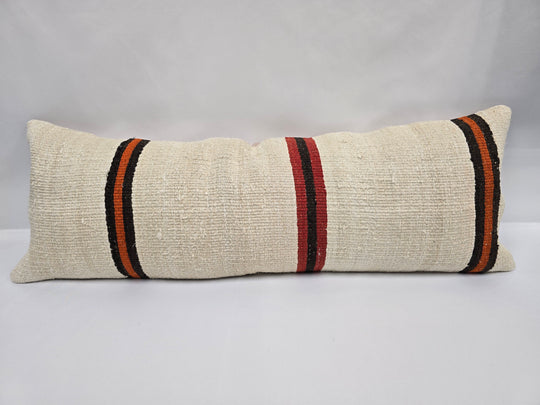 Turkish Lumbar Rug Pillow Beige Black Orange Cushion Cover Hemp Pillow 14" x 40" #9494