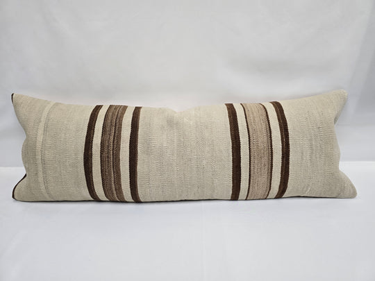 Turkish Lumbar Rug Pillow Beige Brown Cushion Cover Hemp Pillow 14" x 40" #9495