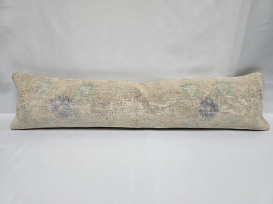 Turkish Lumbar Rug Pillow Beige Blue Gray Cushion Cover Pillow 12" x 48" #9540