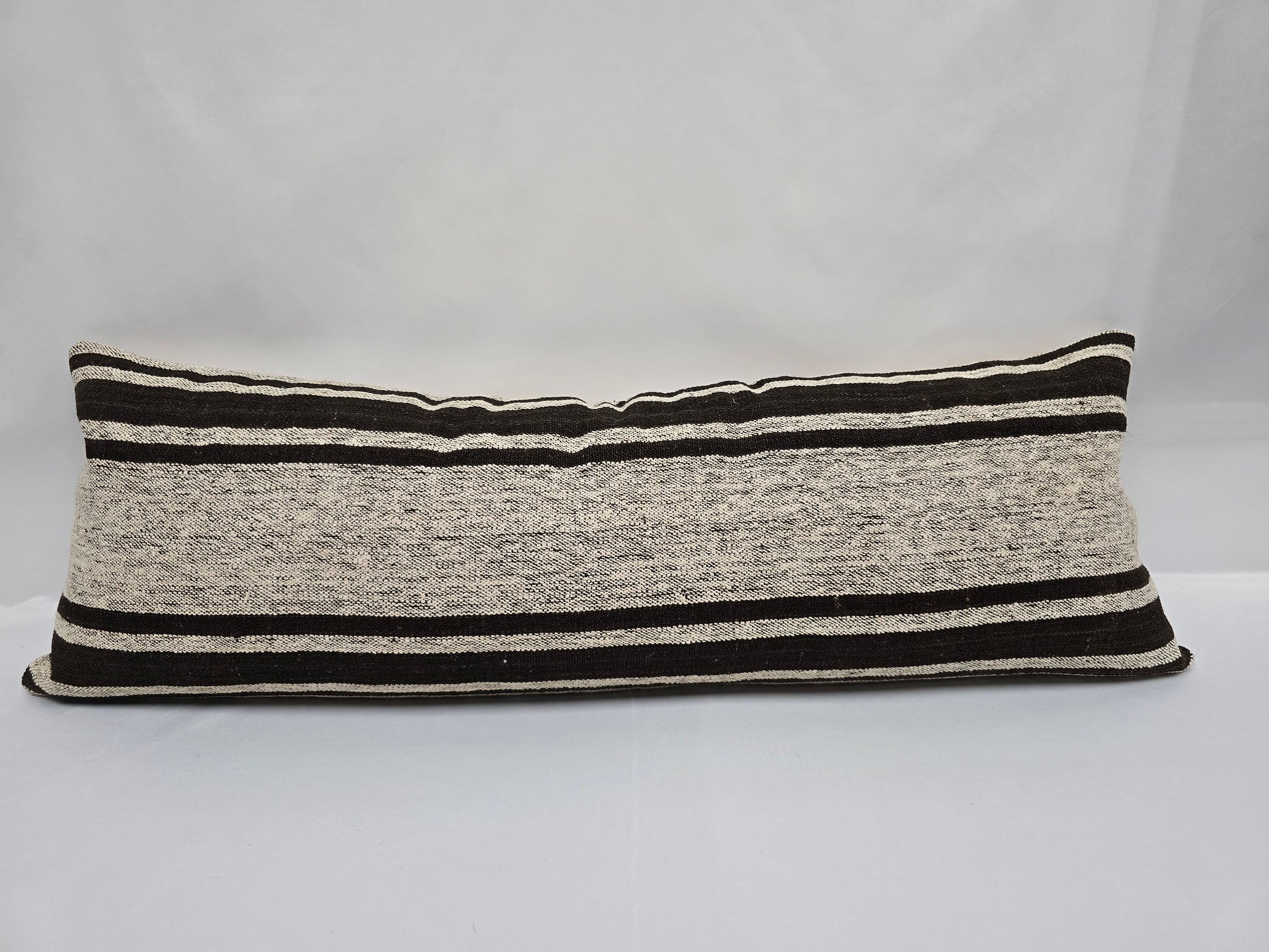 Turkish Lumbar Rug Pillow Beige Black Cushion Cover Hemp Pillow 14" x 40" #9493