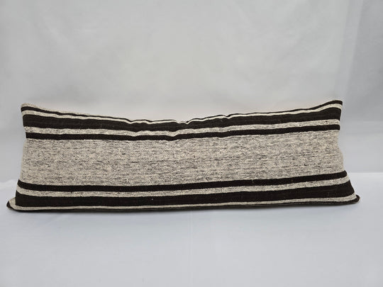 Turkish Lumbar Rug Pillow Beige Black Cushion Cover Hemp Pillow 14" x 40" #9493