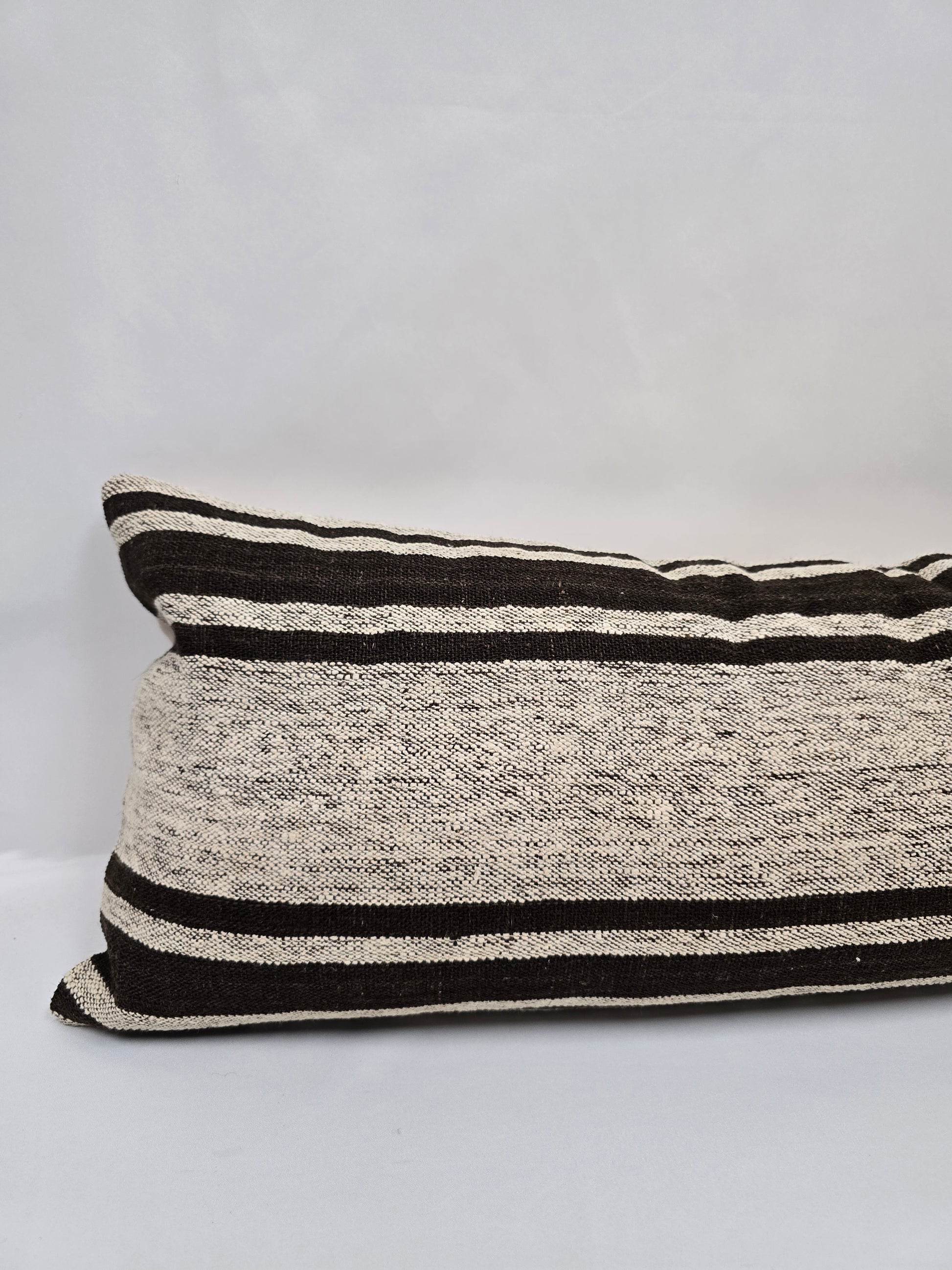 Turkish Lumbar Rug Pillow Beige Black Cushion Cover Hemp Pillow 14" x 40" #9493