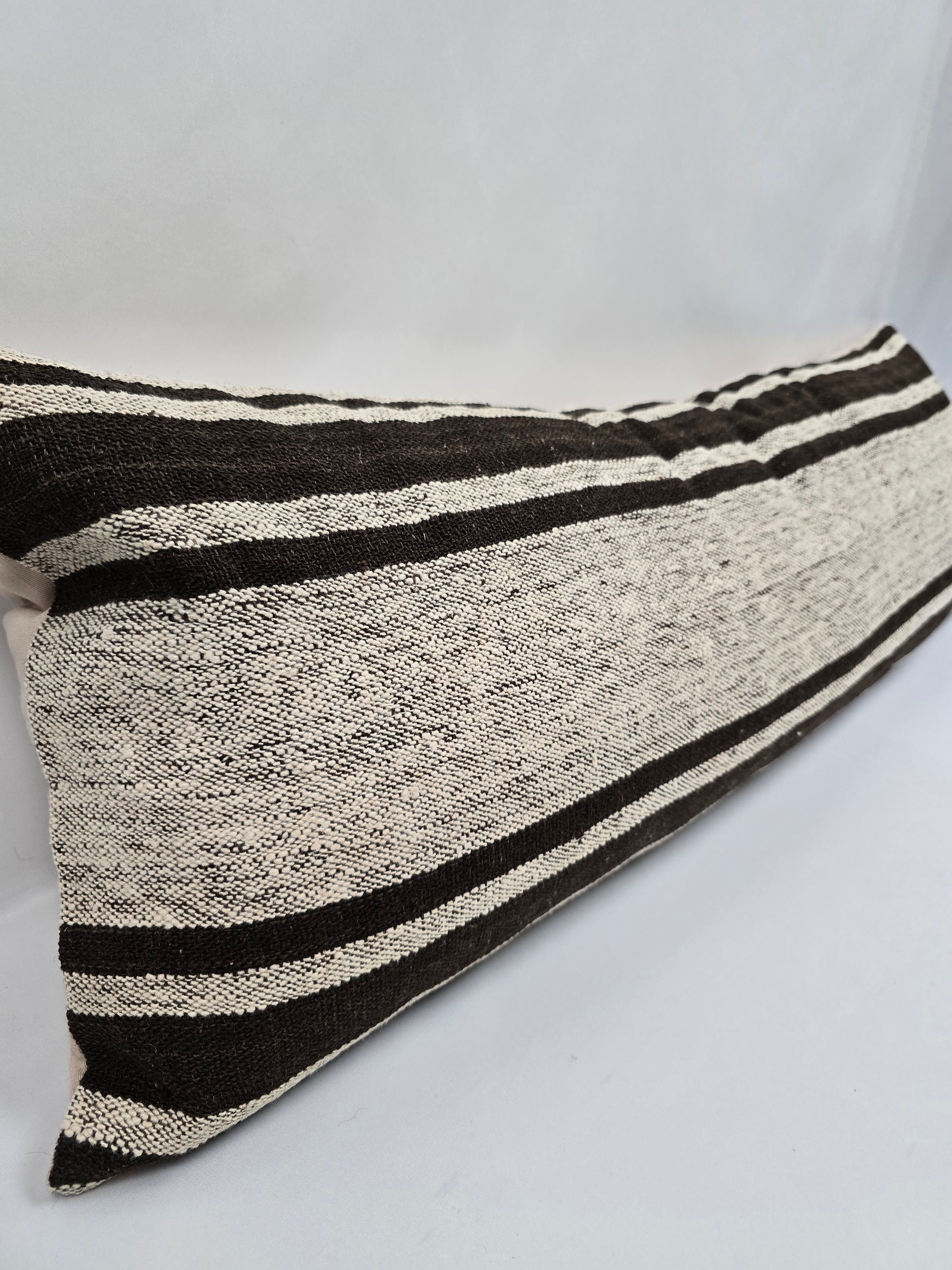Turkish Lumbar Rug Pillow Beige Black Cushion Cover Hemp Pillow 14" x 40" #9493