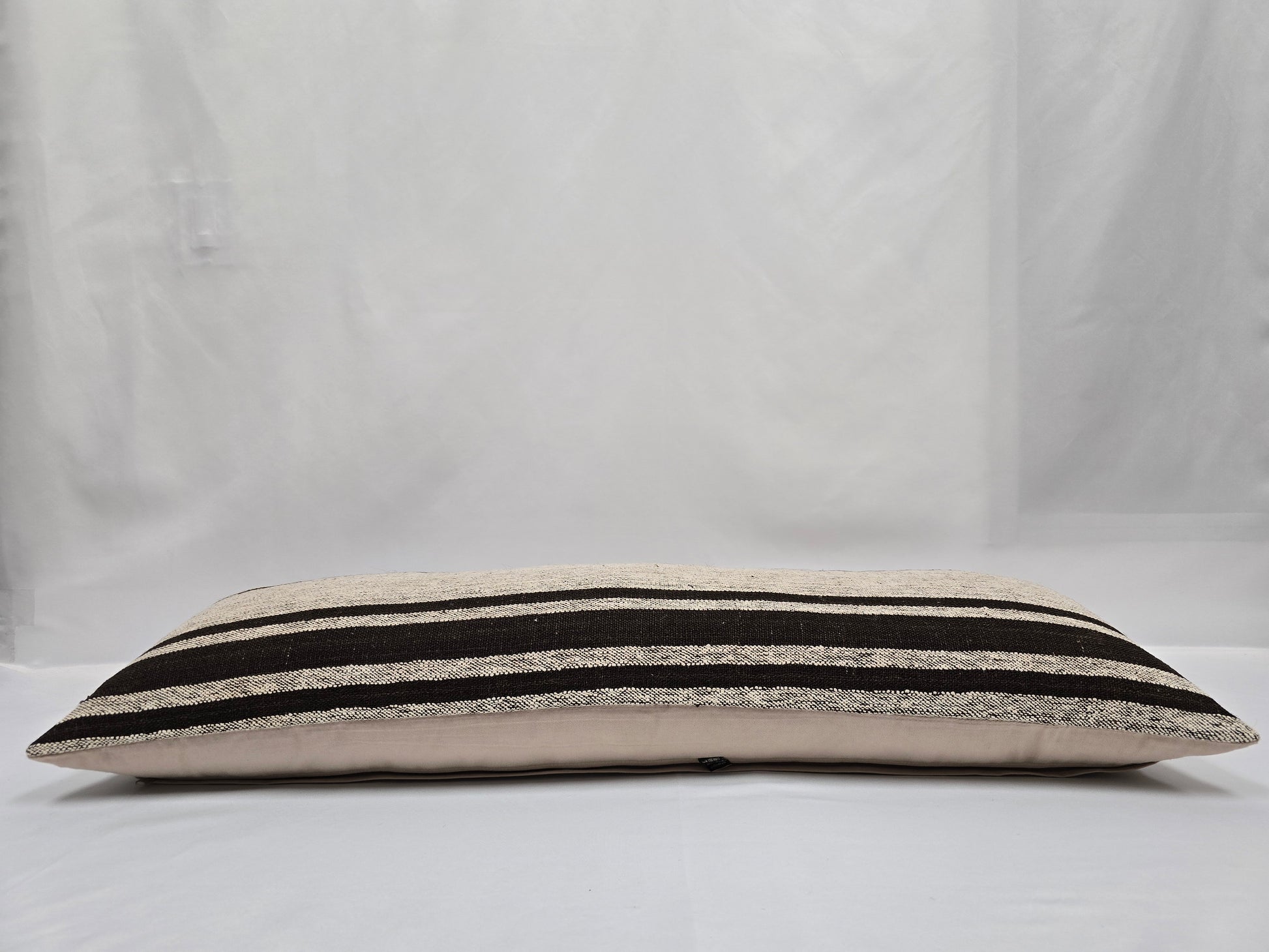 Turkish Lumbar Rug Pillow Beige Black Cushion Cover Hemp Pillow 14" x 40" #9493