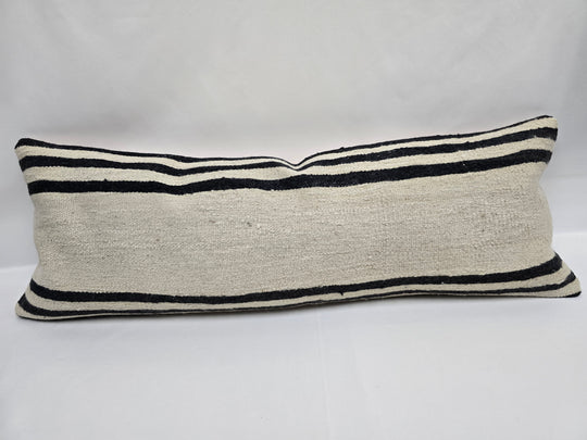 Turkish Lumbar Rug Pillow Beige Black Cushion Cover Hemp Pillow 14" x 40" #9482