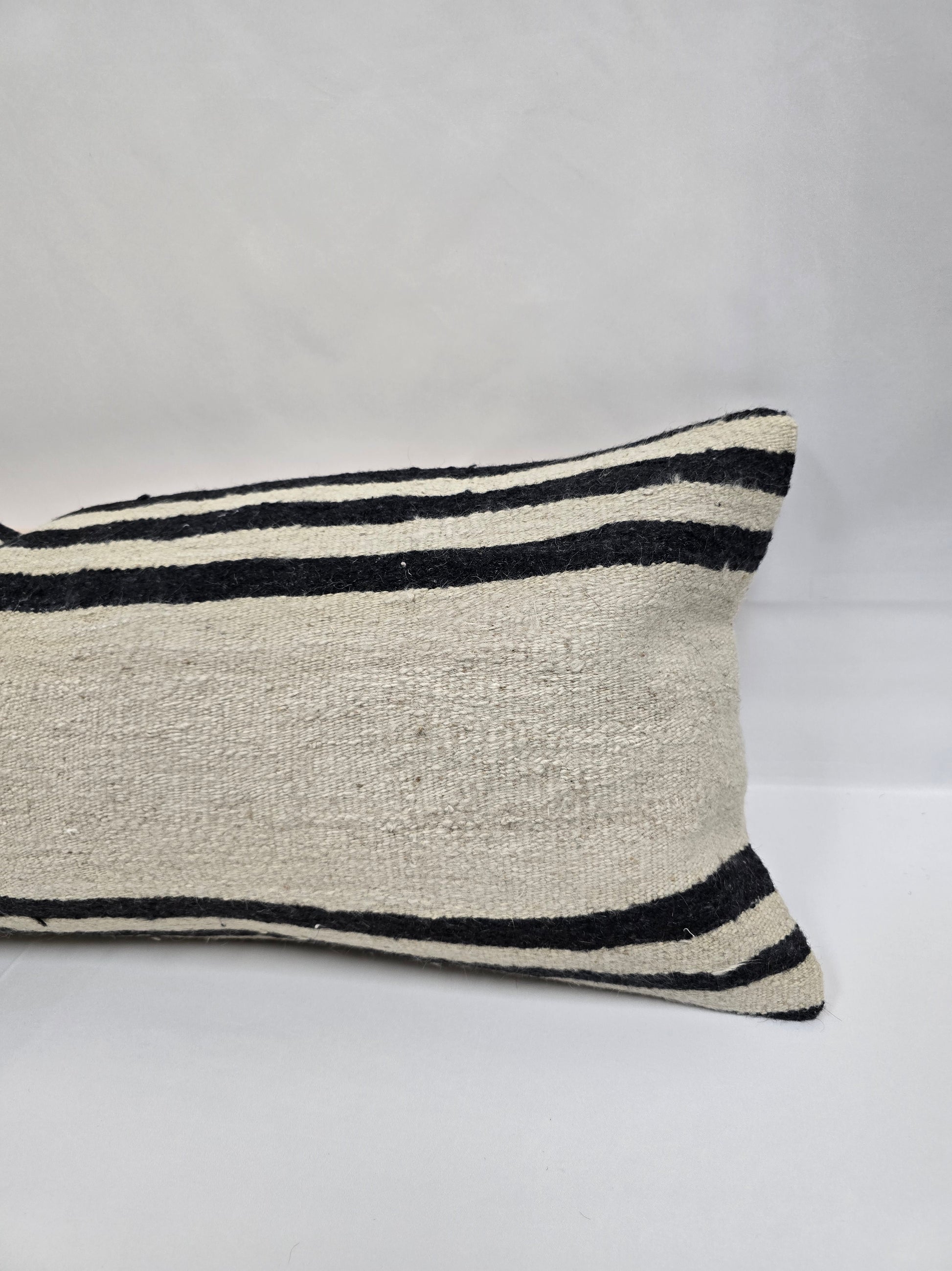 Turkish Lumbar Rug Pillow Beige Black Cushion Cover Hemp Pillow 14" x 40" #9482