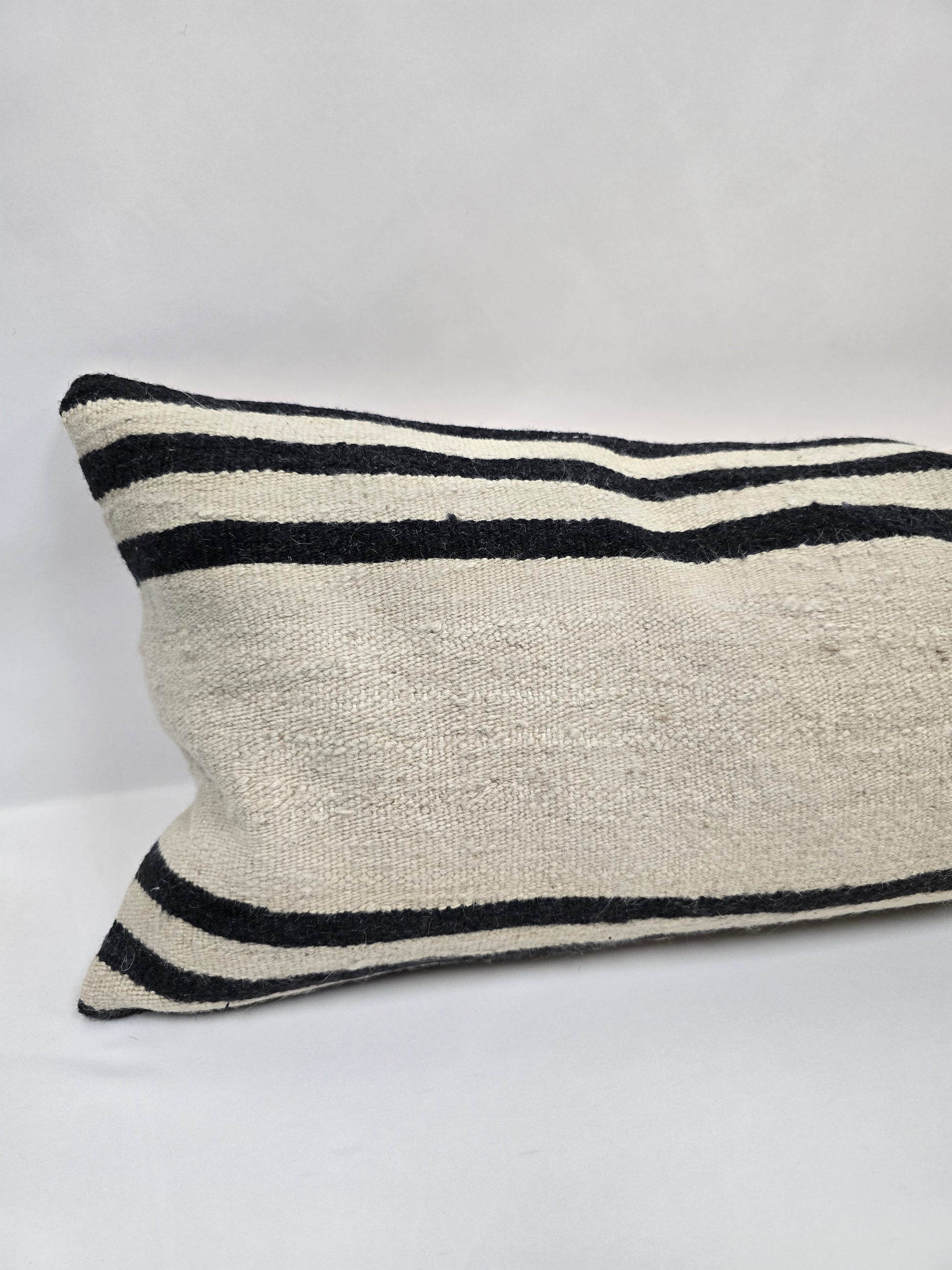 Turkish Lumbar Rug Pillow Beige Black Cushion Cover Hemp Pillow 14" x 40" #9482