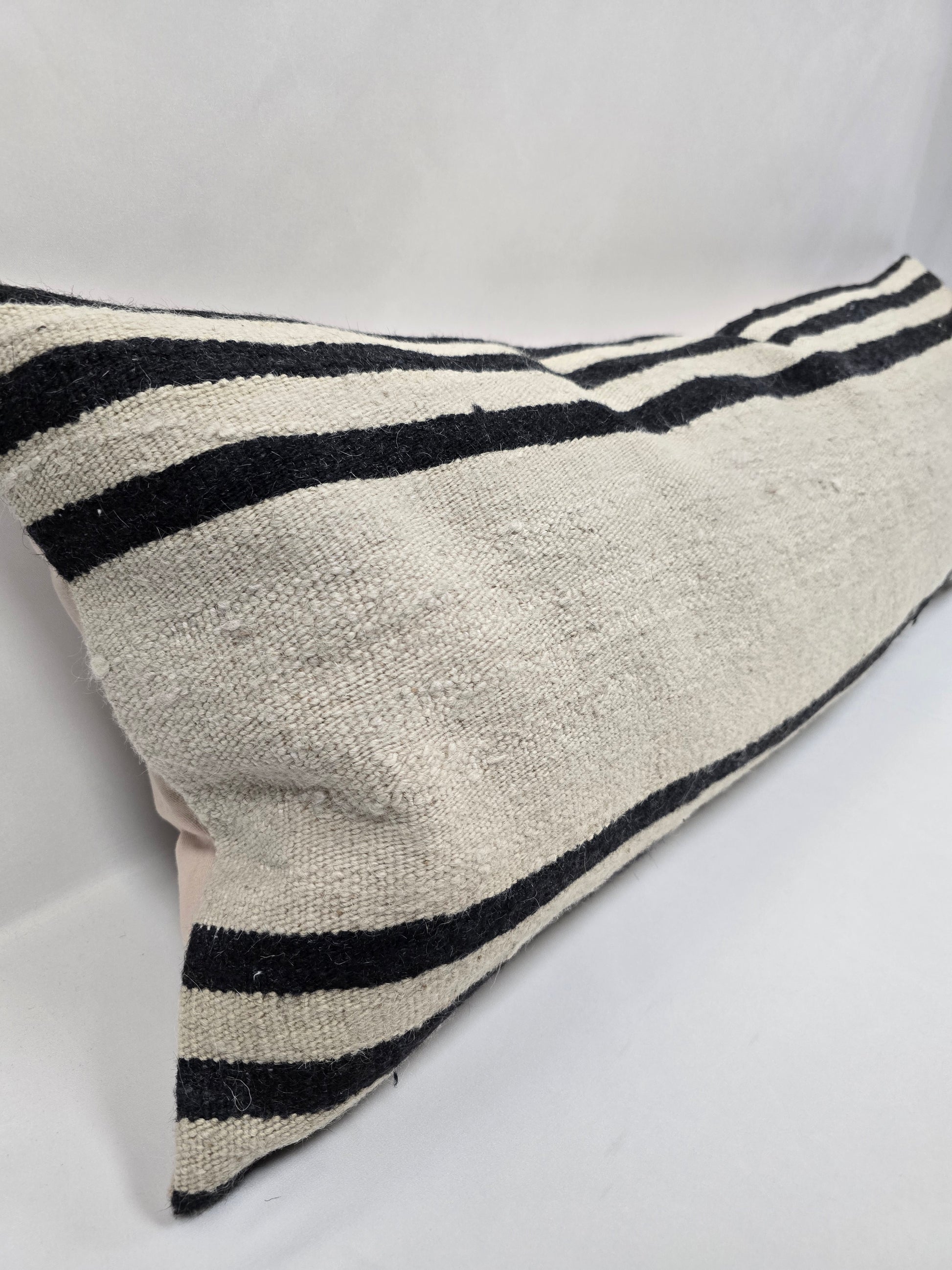 Turkish Lumbar Rug Pillow Beige Black Cushion Cover Hemp Pillow 14" x 40" #9482