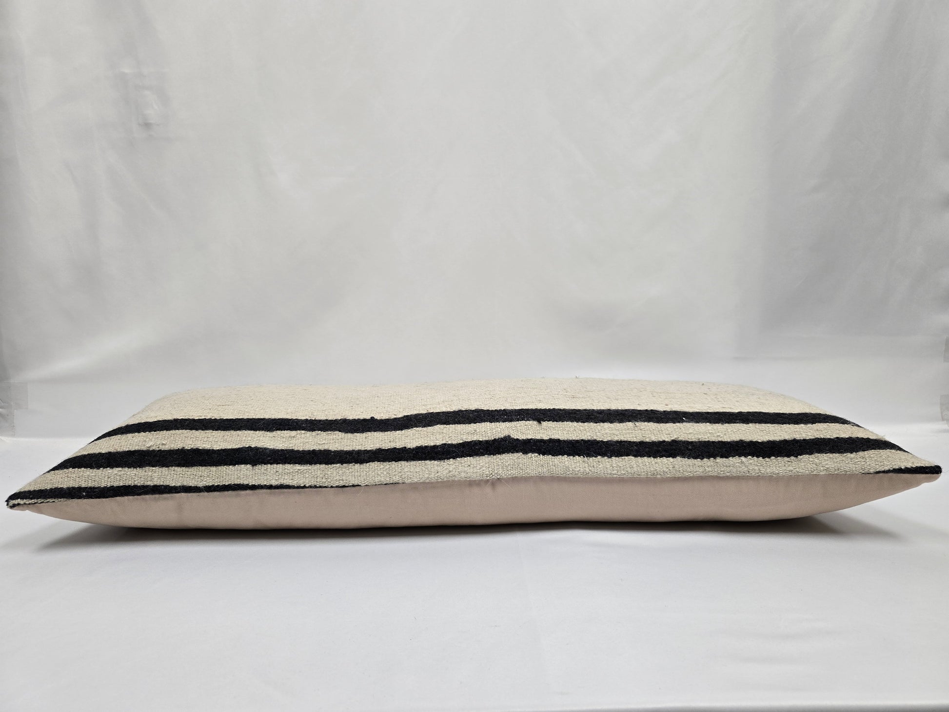 Turkish Lumbar Rug Pillow Beige Black Cushion Cover Hemp Pillow 14" x 40" #9482
