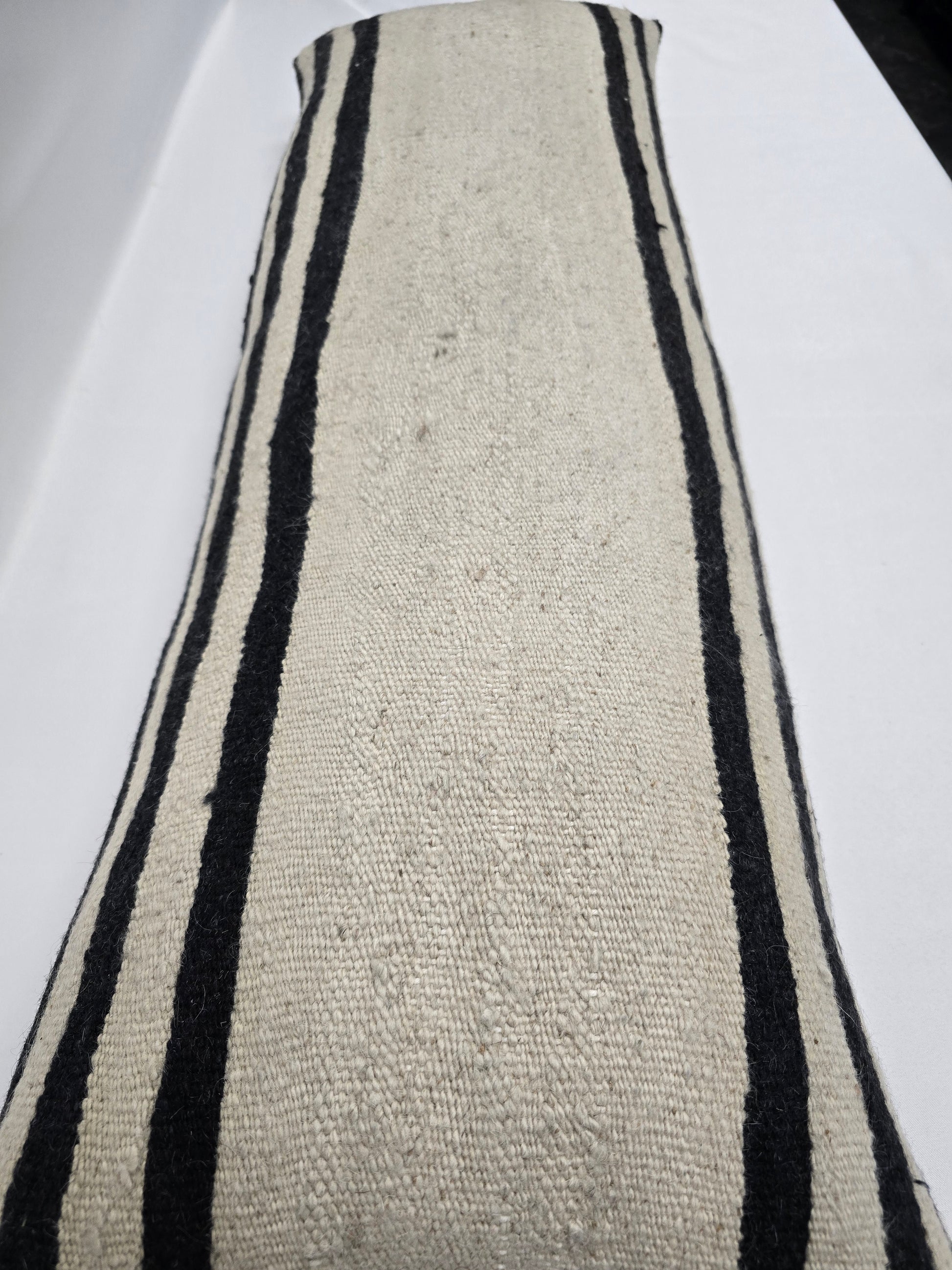 Turkish Lumbar Rug Pillow Beige Black Cushion Cover Hemp Pillow 14" x 40" #9482