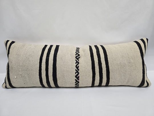 Turkish Lumbar Rug Pillow Beige Black Cushion Cover Hemp Pillow 14" x 40" #9481