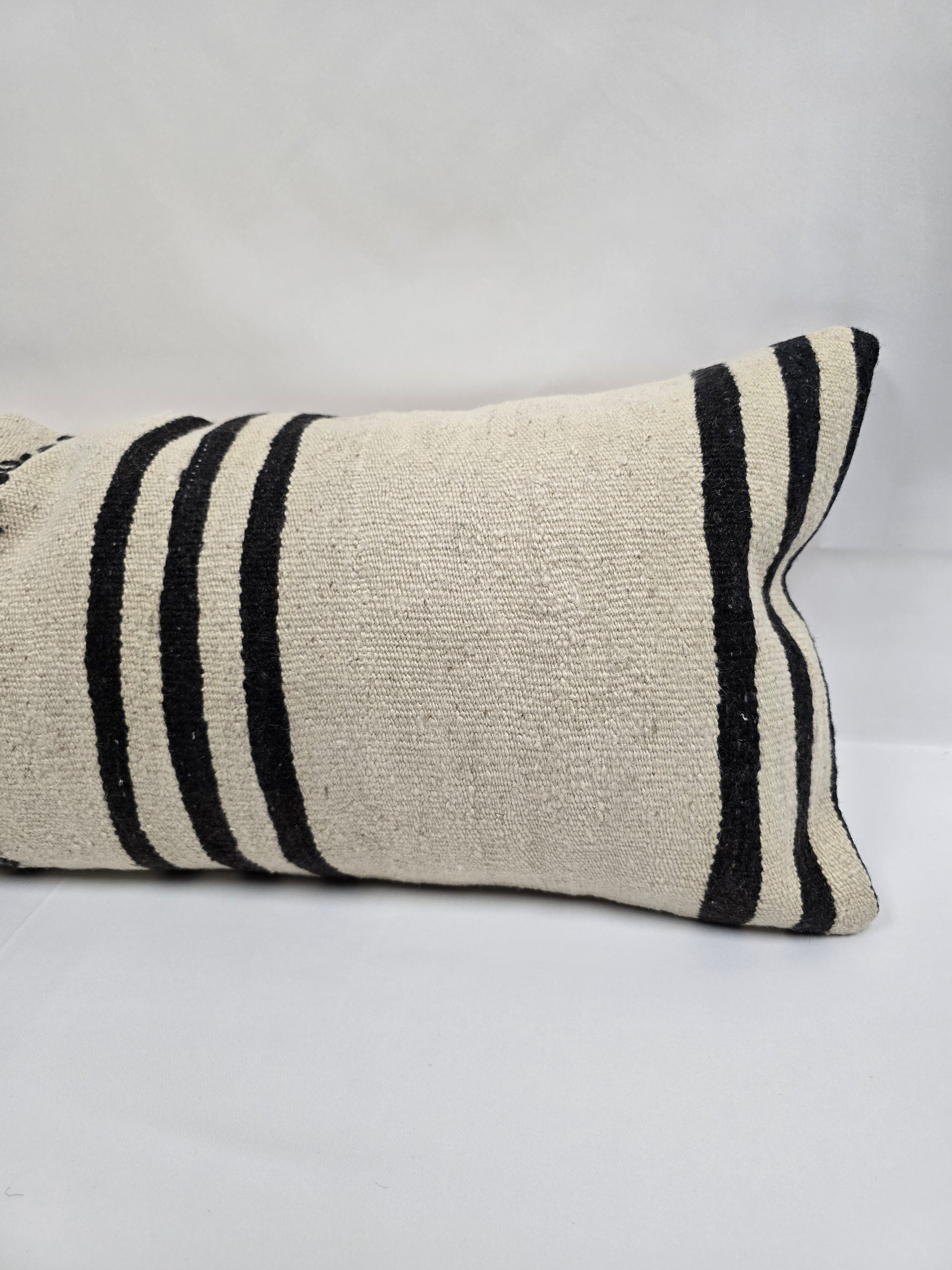 Turkish Lumbar Rug Pillow Beige Black Cushion Cover Hemp Pillow 14" x 40" #9481