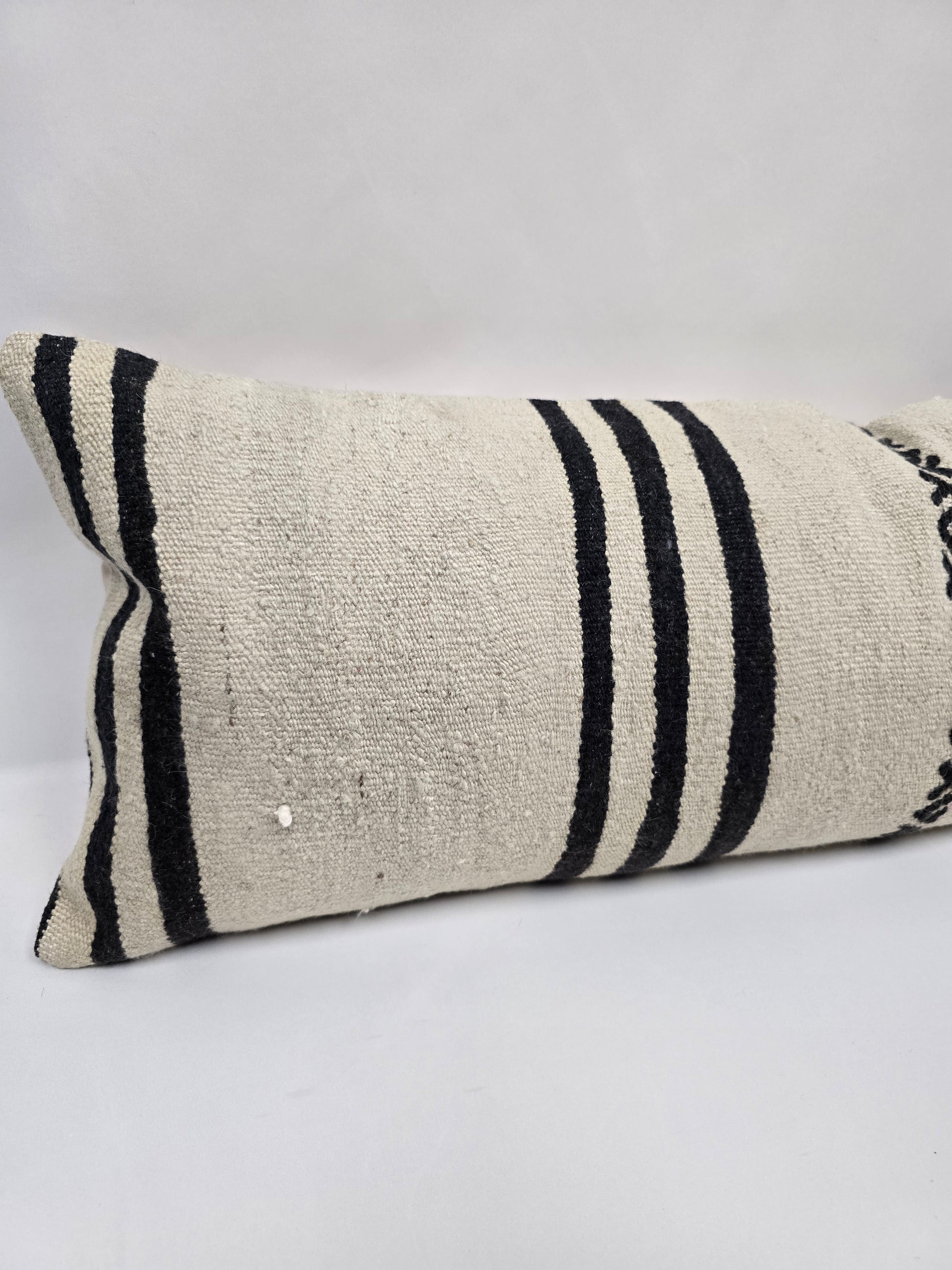 Turkish Lumbar Rug Pillow Beige Black Cushion Cover Hemp Pillow 14" x 40" #9481