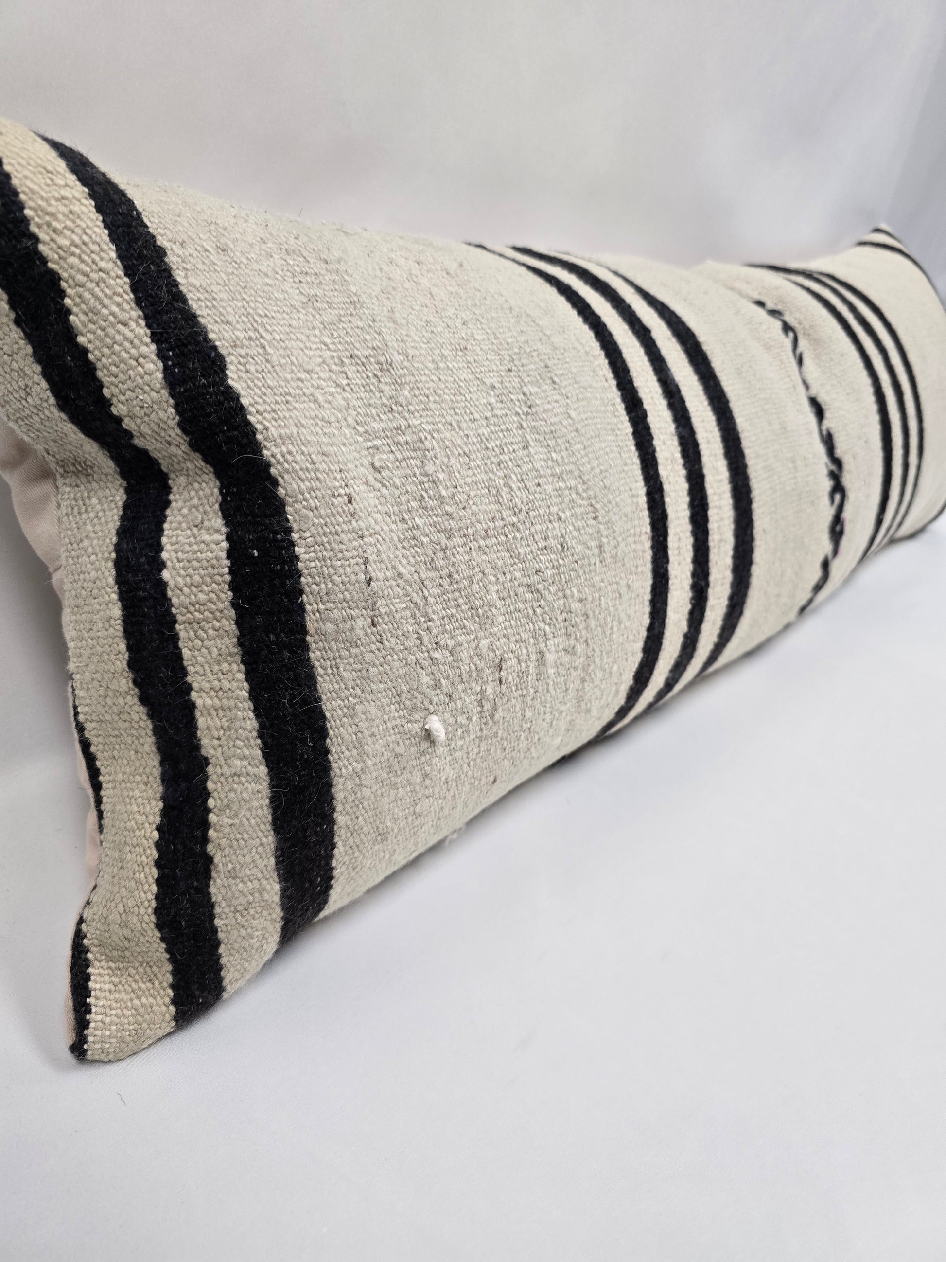 Turkish Lumbar Rug Pillow Beige Black Cushion Cover Hemp Pillow 14" x 40" #9481