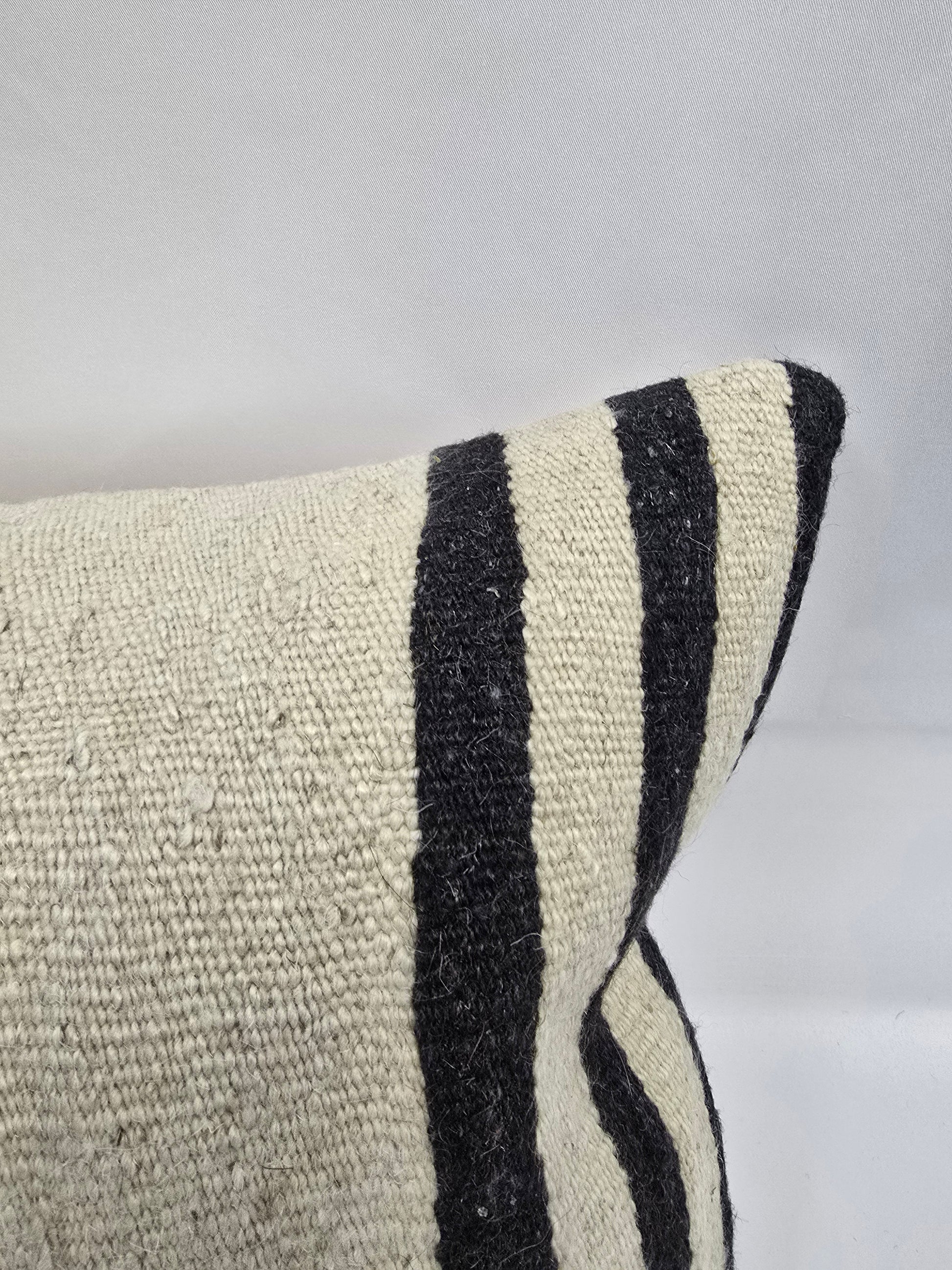Turkish Lumbar Rug Pillow Beige Black Cushion Cover Hemp Pillow 14" x 40" #9481
