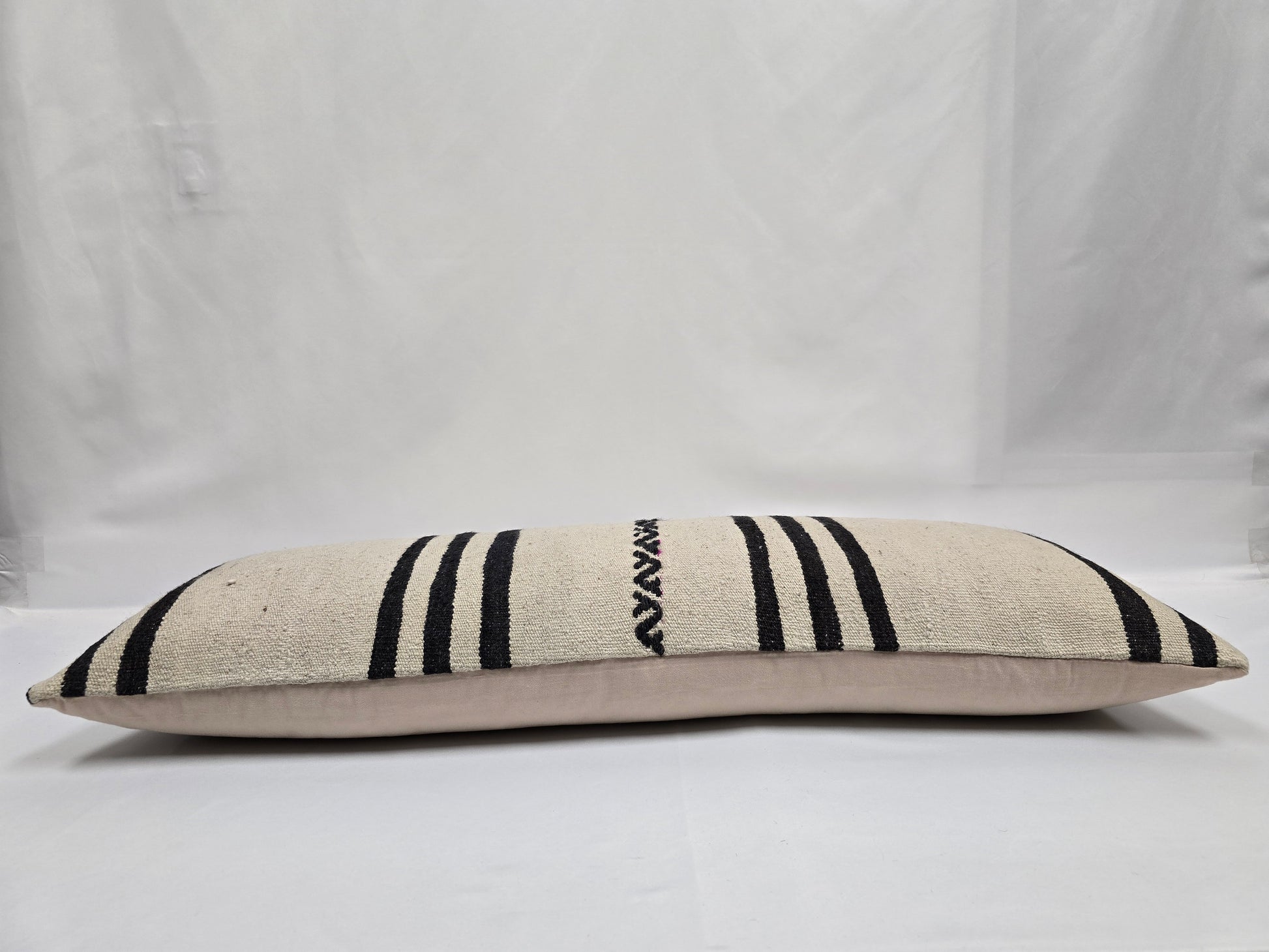 Turkish Lumbar Rug Pillow Beige Black Cushion Cover Hemp Pillow 14" x 40" #9481