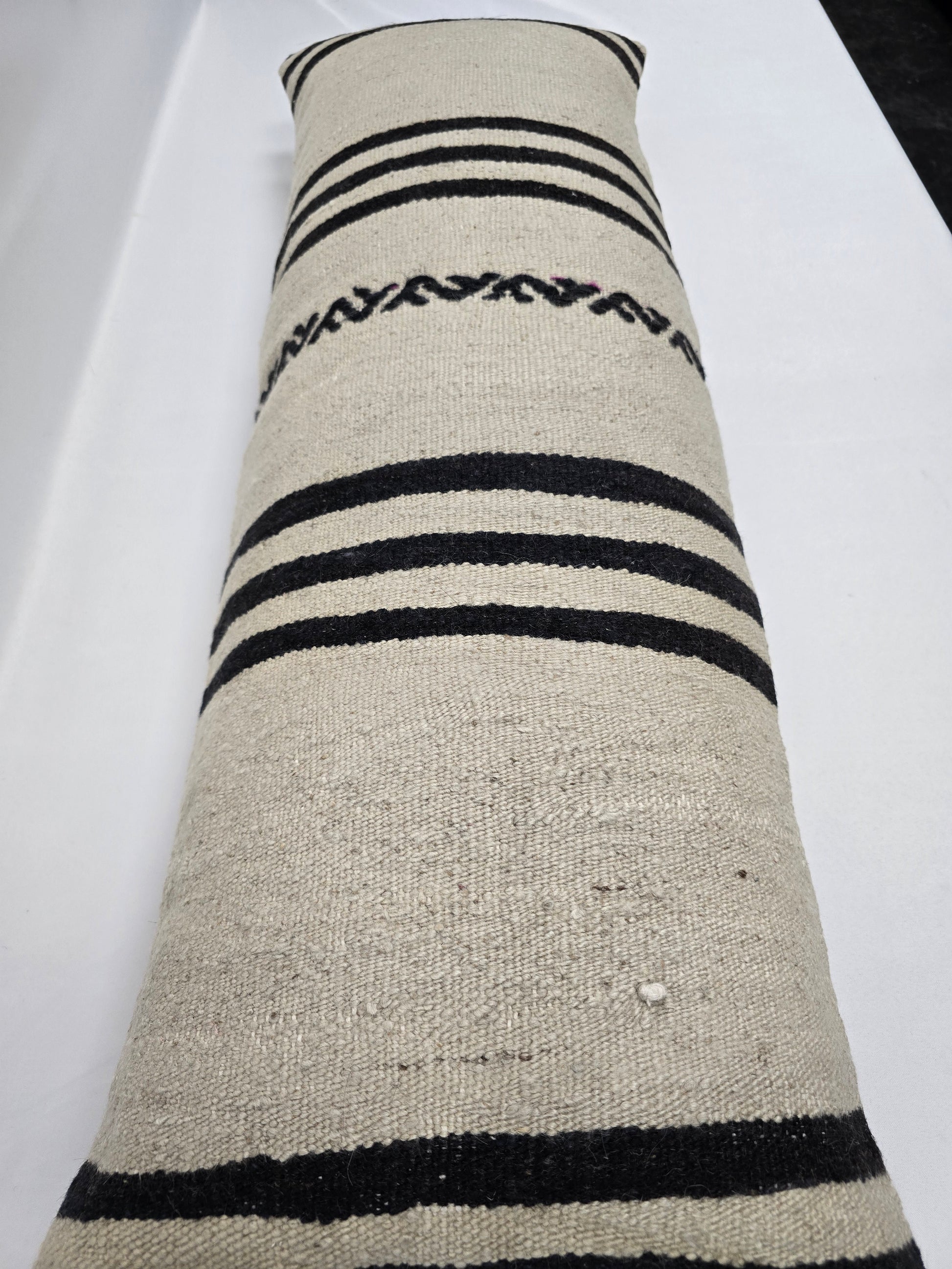 Turkish Lumbar Rug Pillow Beige Black Cushion Cover Hemp Pillow 14" x 40" #9481