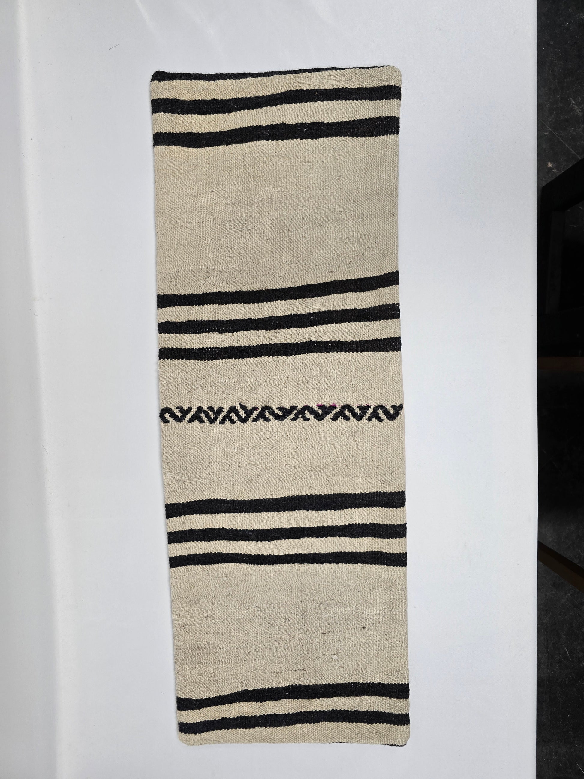 Turkish Lumbar Rug Pillow Beige Black Cushion Cover Hemp Pillow 14" x 40" #9481