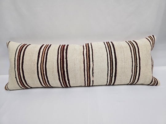 Turkish Lumbar Rug Pillow Beige Brown Burgundy Cushion Cover Hemp Pillow 14" x 40" #9491