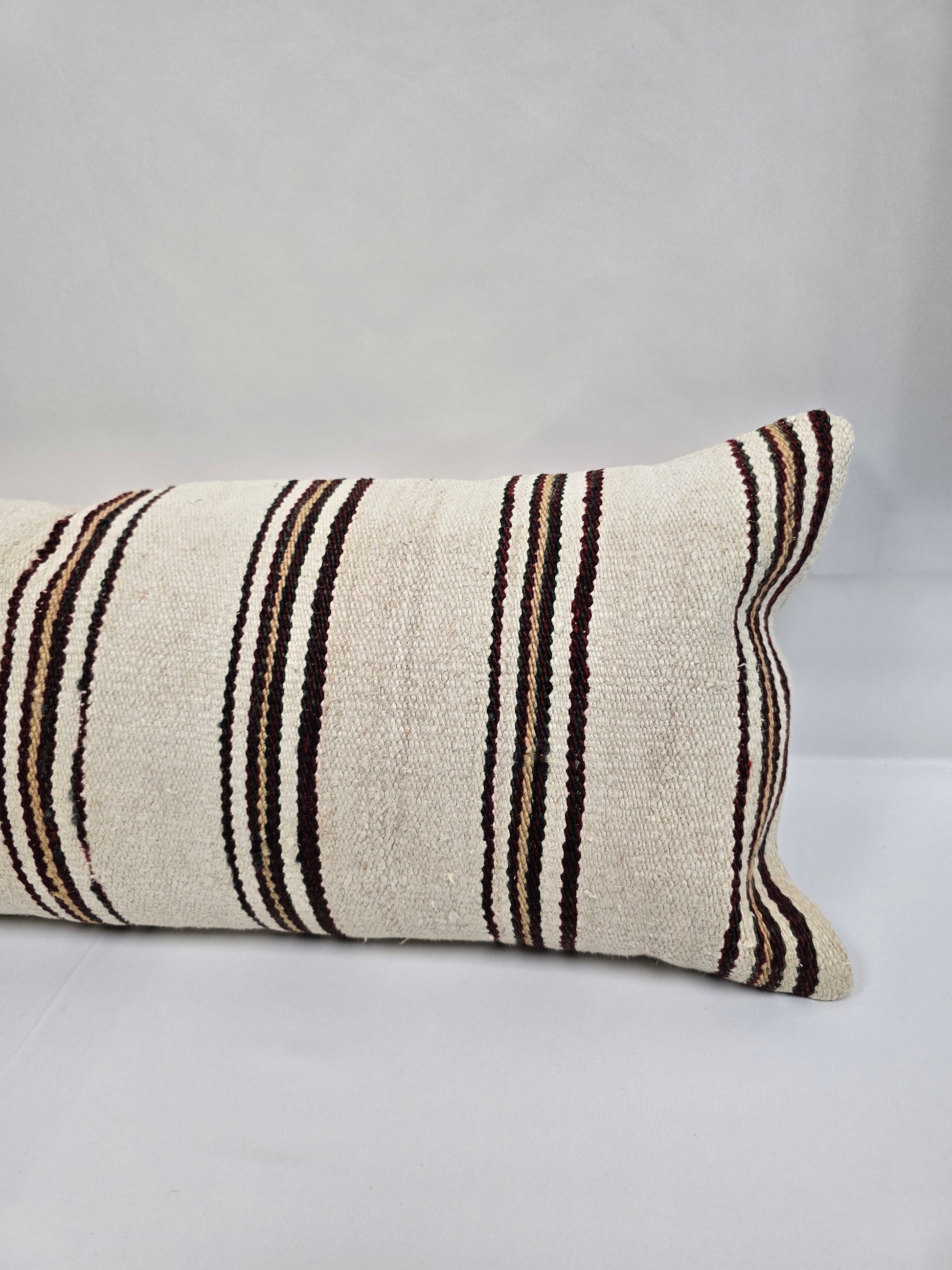 Turkish Lumbar Rug Pillow Beige Brown Burgundy Cushion Cover Hemp Pillow 14" x 40" #9491