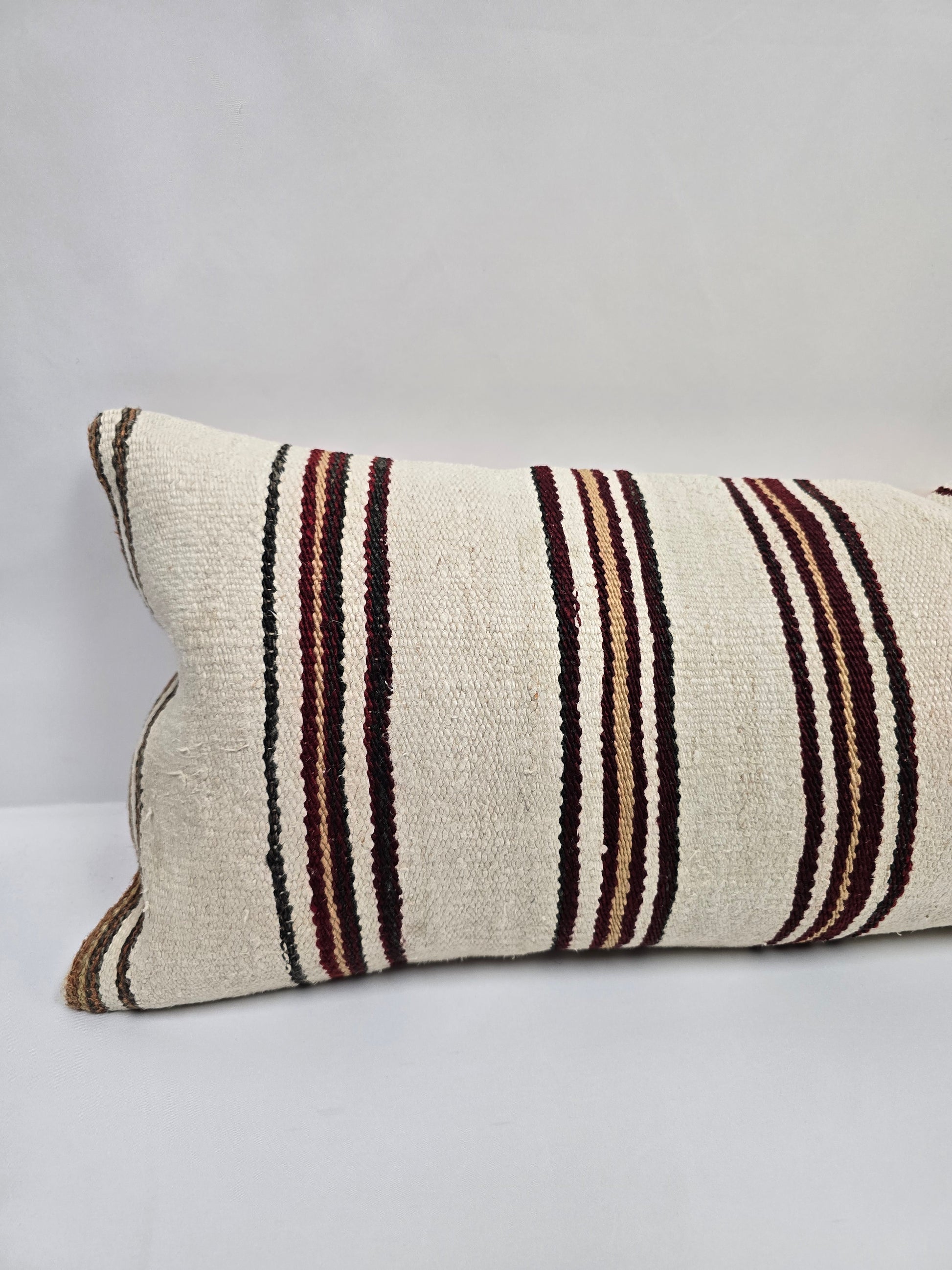 Turkish Lumbar Rug Pillow Beige Brown Burgundy Cushion Cover Hemp Pillow 14" x 40" #9491