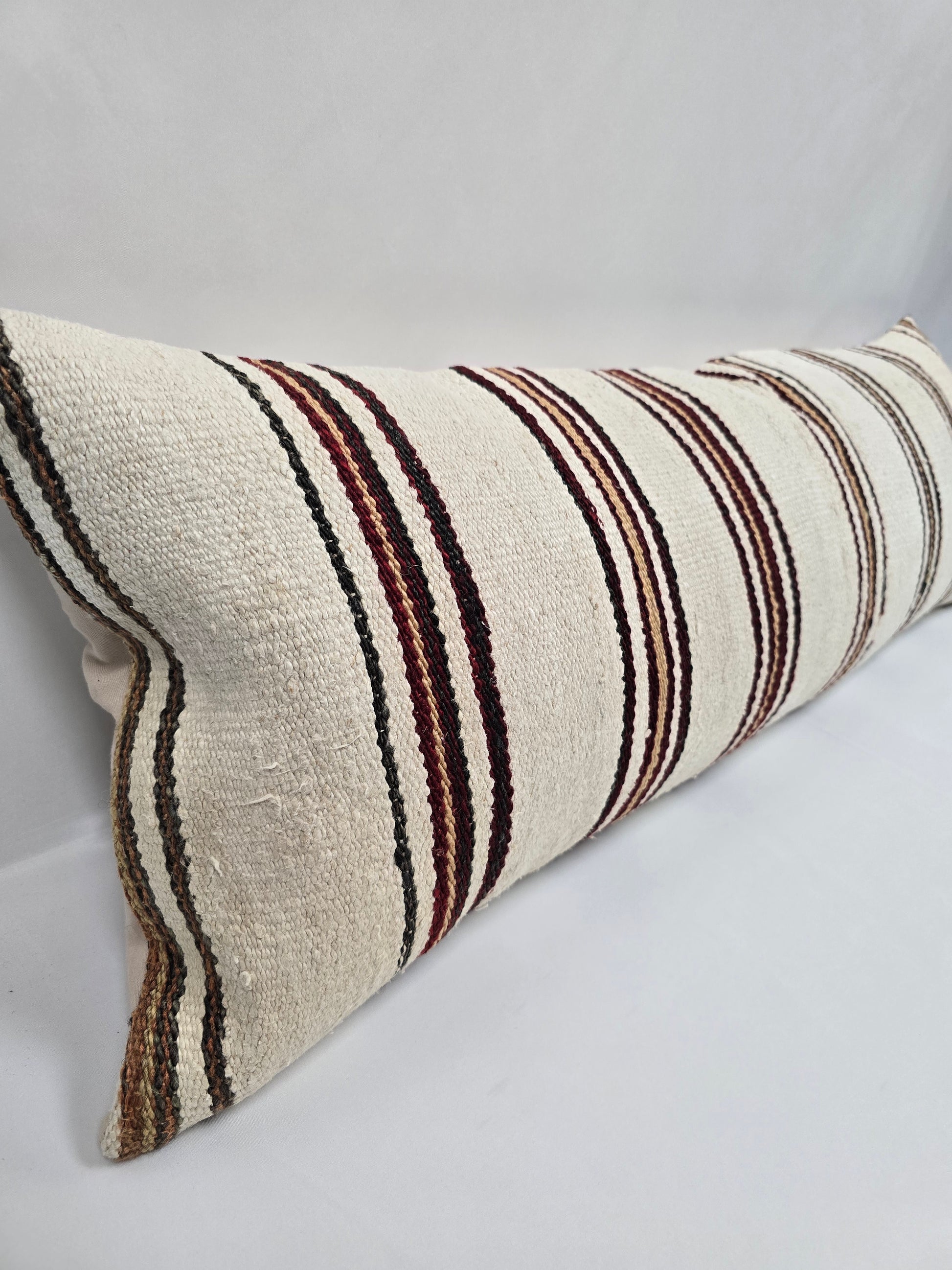 Turkish Lumbar Rug Pillow Beige Brown Burgundy Cushion Cover Hemp Pillow 14" x 40" #9491