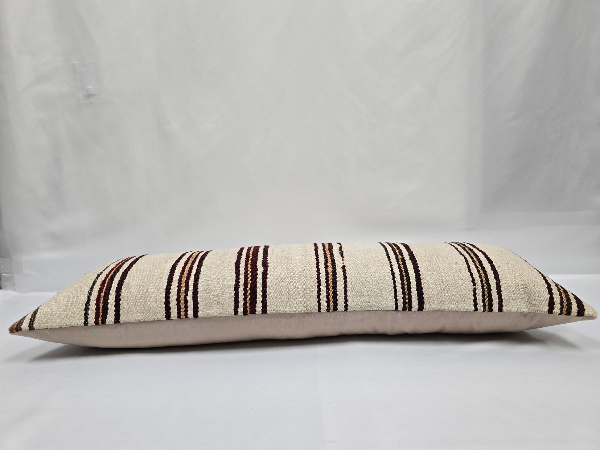Turkish Lumbar Rug Pillow Beige Brown Burgundy Cushion Cover Hemp Pillow 14" x 40" #9491