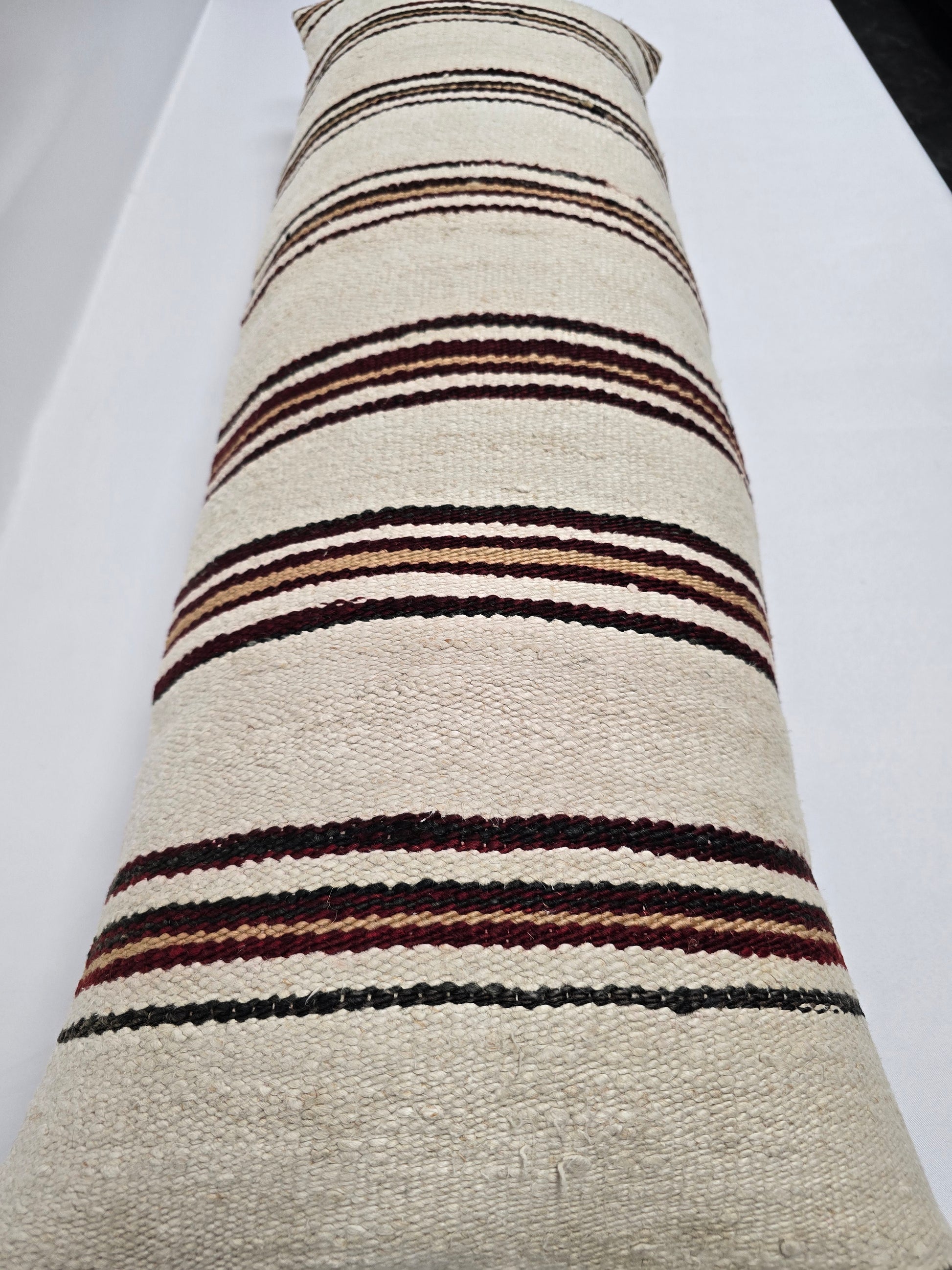 Turkish Lumbar Rug Pillow Beige Brown Burgundy Cushion Cover Hemp Pillow 14" x 40" #9491