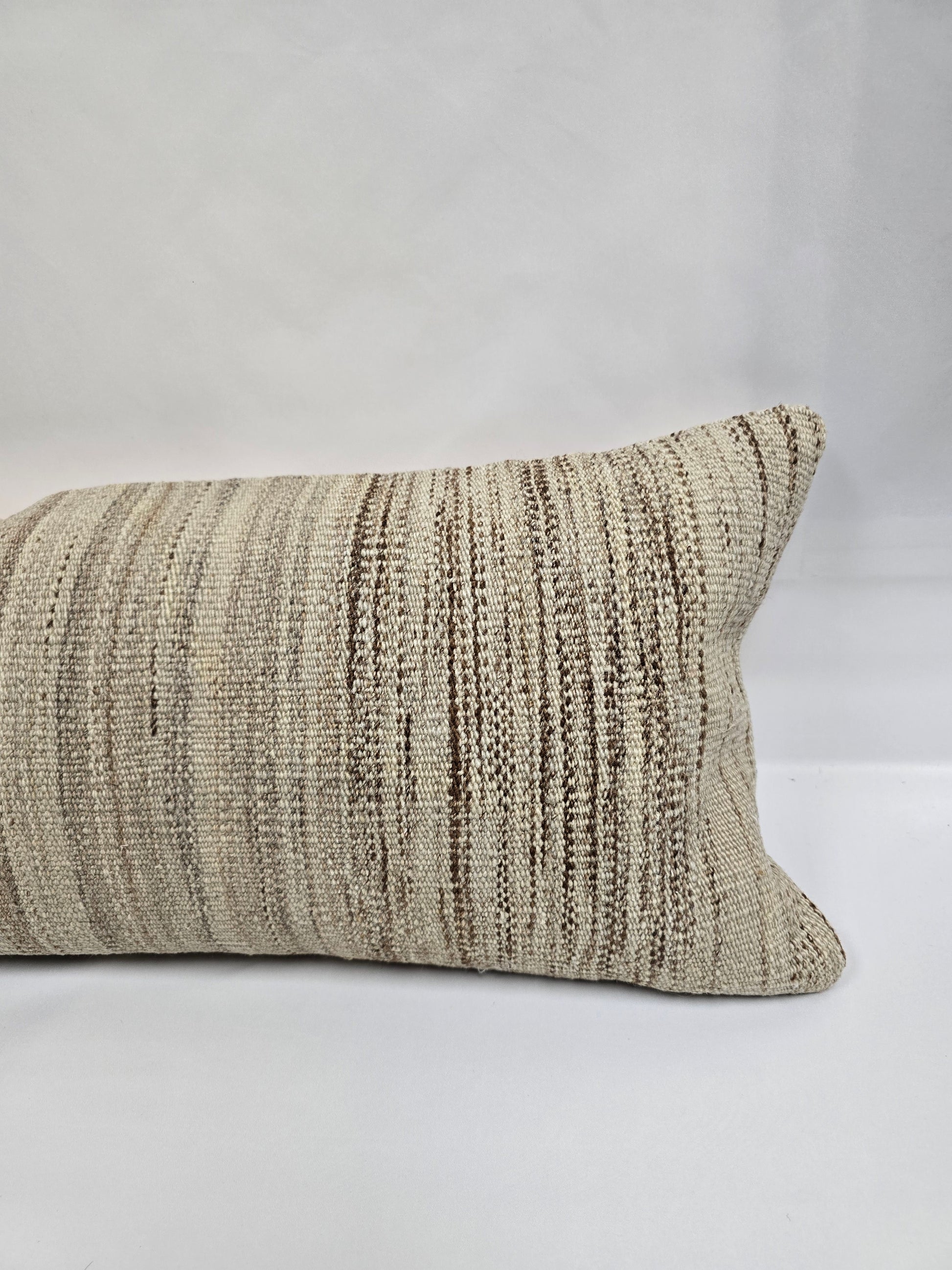 Turkish Lumbar Rug Pillow Beige Brown Cushion Cover Hemp Pillow 14" x 40" #9480