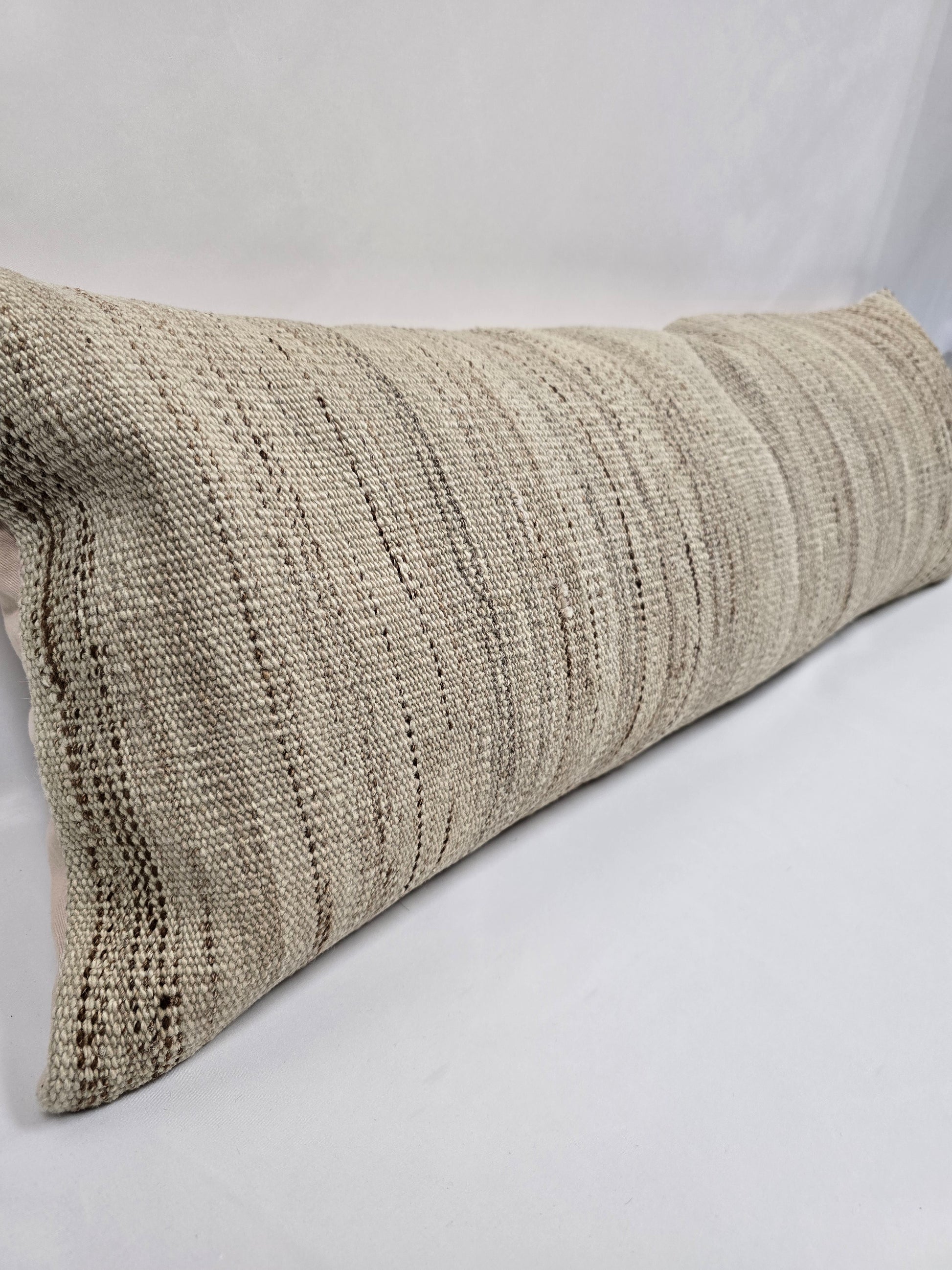 Turkish Lumbar Rug Pillow Beige Brown Cushion Cover Hemp Pillow 14" x 40" #9480