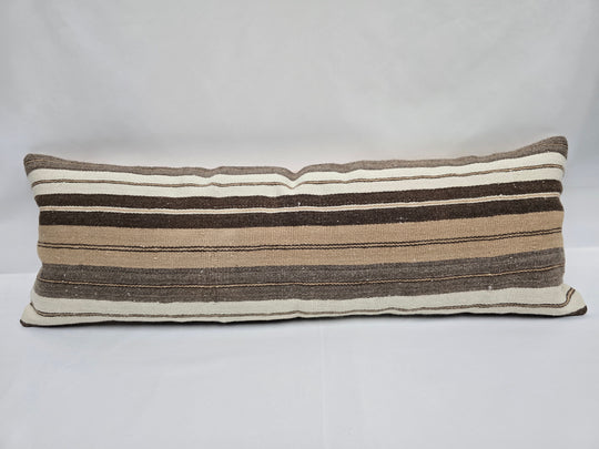 Turkish Lumbar Rug Pillow Brown Beige Cream Gray Cushion Cover Hemp Pillow 14" x 40" #9479