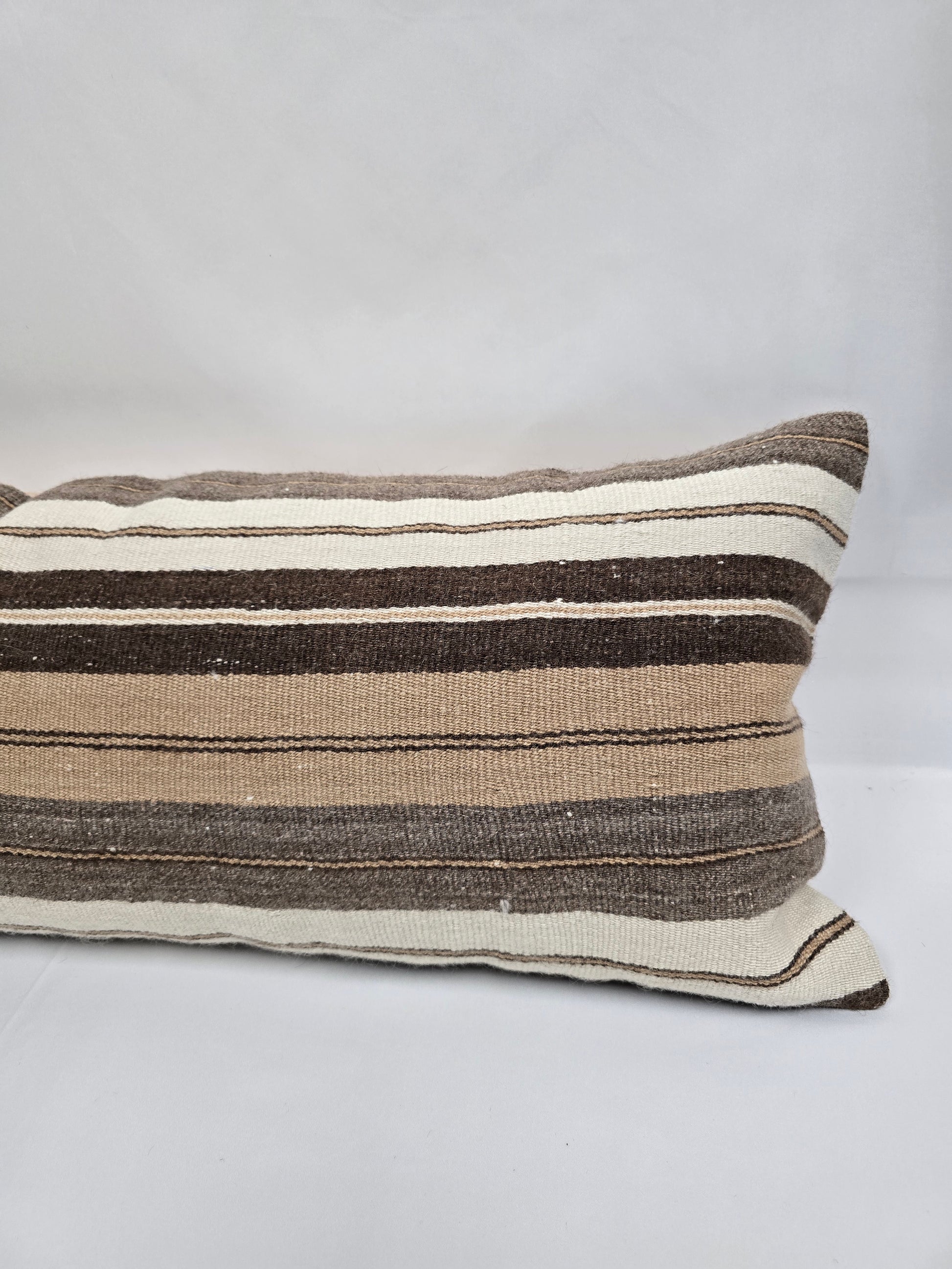 Turkish Lumbar Rug Pillow Brown Beige Cream Gray Cushion Cover Hemp Pillow 14" x 40" #9479