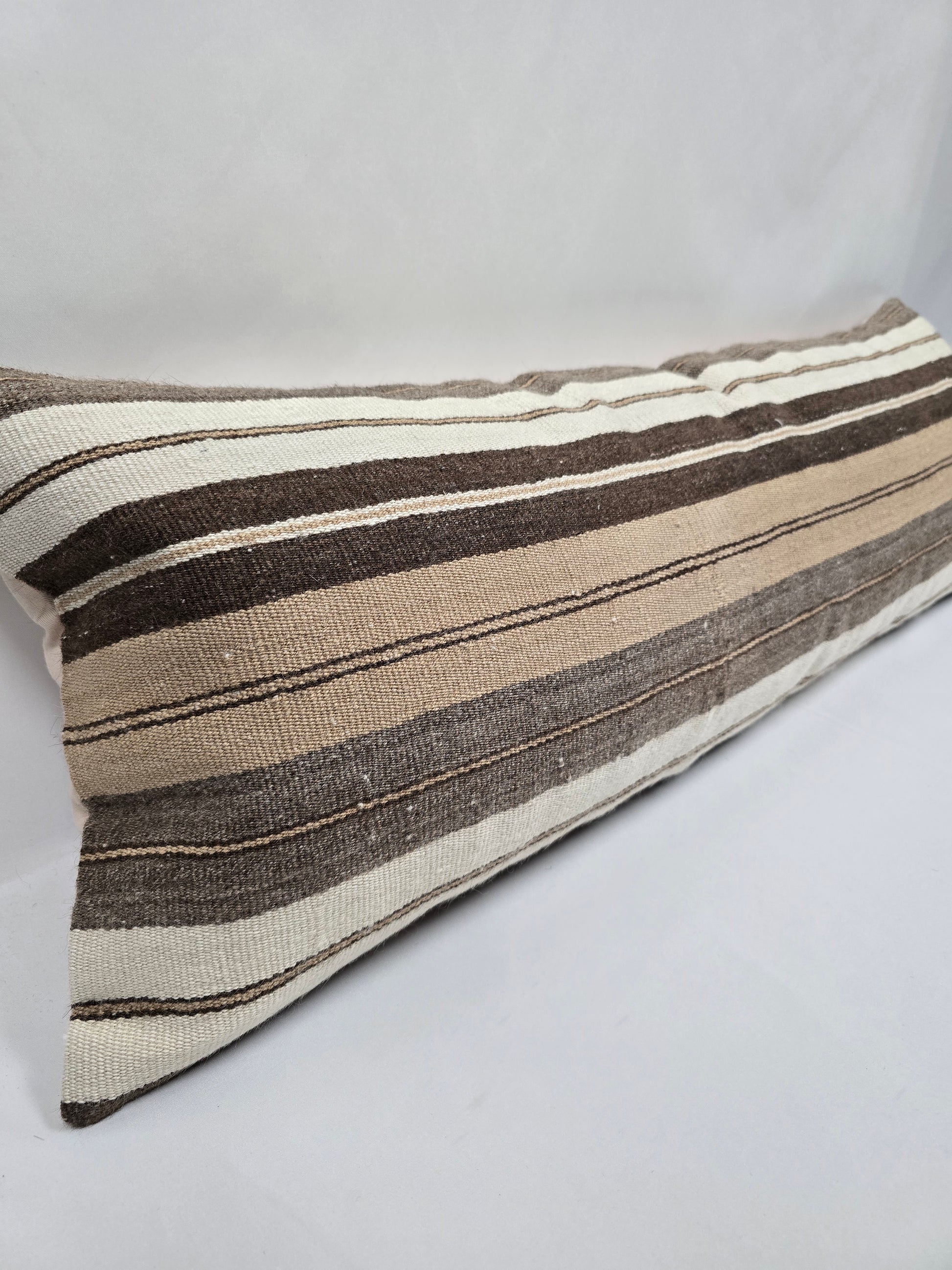 Turkish Lumbar Rug Pillow Brown Beige Cream Gray Cushion Cover Hemp Pillow 14" x 40" #9479