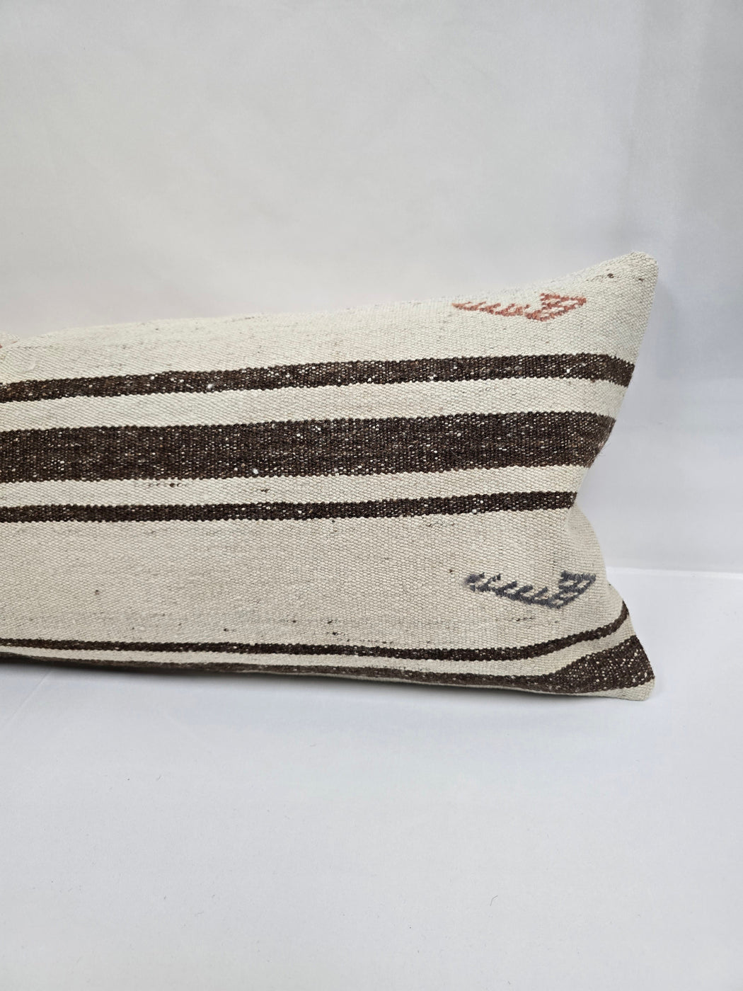 Turkish Lumbar Rug Pillow Brown Cream Blue Cushion Cover Hemp Pillow 14" x 40" #9477
